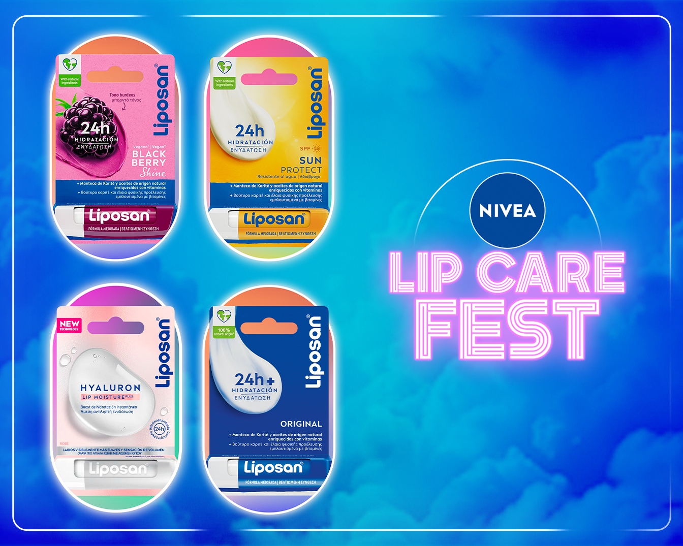 Descubre la variedad de bálsamos labiales Liposan, desde Black Berry Shine hasta Hyaluron Lip Moisture Plus, cada uno con 24 horas de hidratación y fórmulas mejoradas para labios suaves y protegidos.