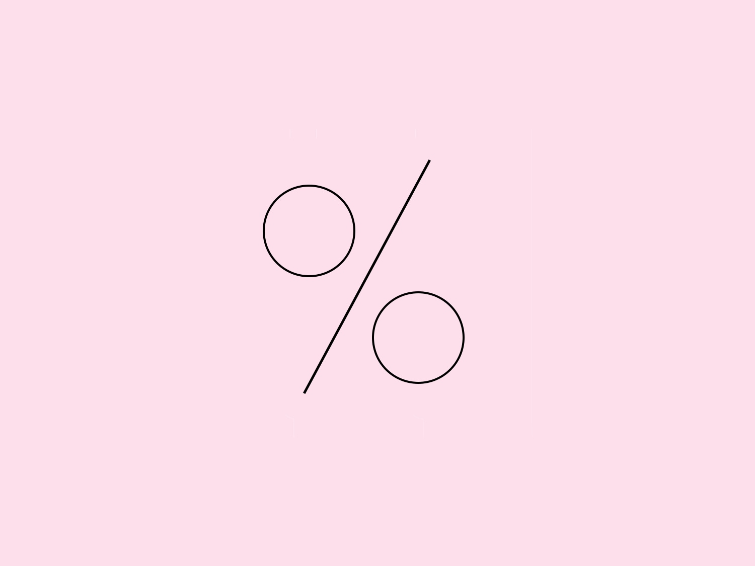 Op een zachtroze achtergrond staat een zwart percentage teken, wat wijst op kortingen en speciale aanbiedingen.