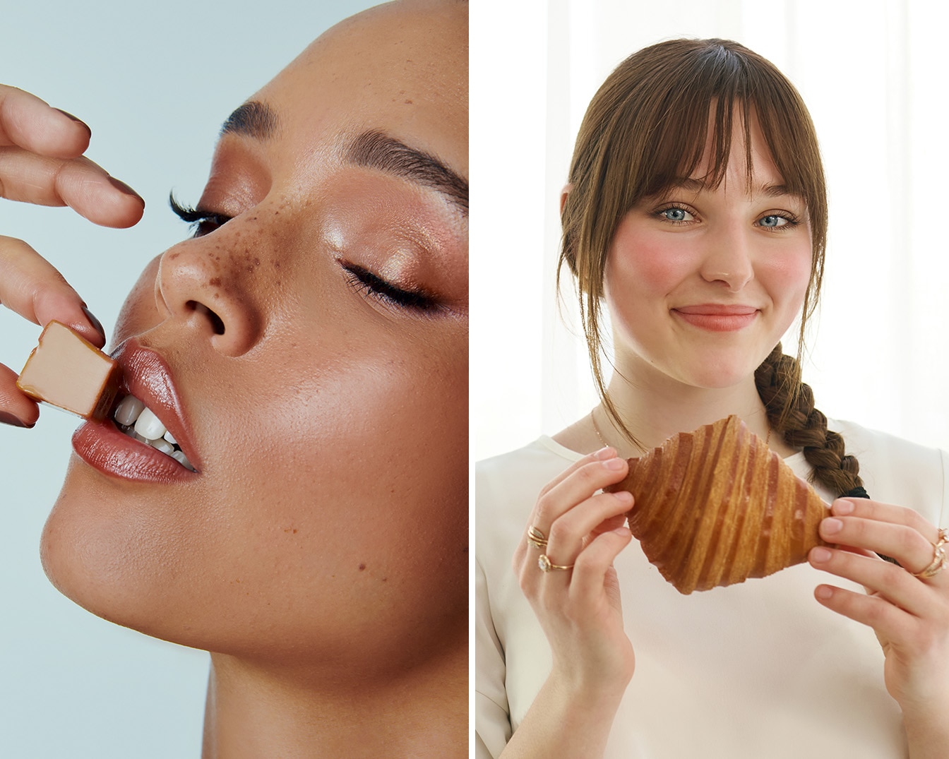 Sur la gauche, un visage féminin avec un teint éclatant et des lèvres brillantes tient un bonbon beige près de sa bouche, tandis que sur la droite, une femme souriante tient un croissant doré.