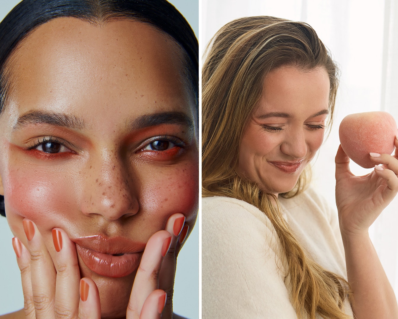 Un collage présentant deux femmes avec un maquillage pêche : l'une touche son visage, l'autre tient une pêche, mettant en valeur un look frais et fruité.