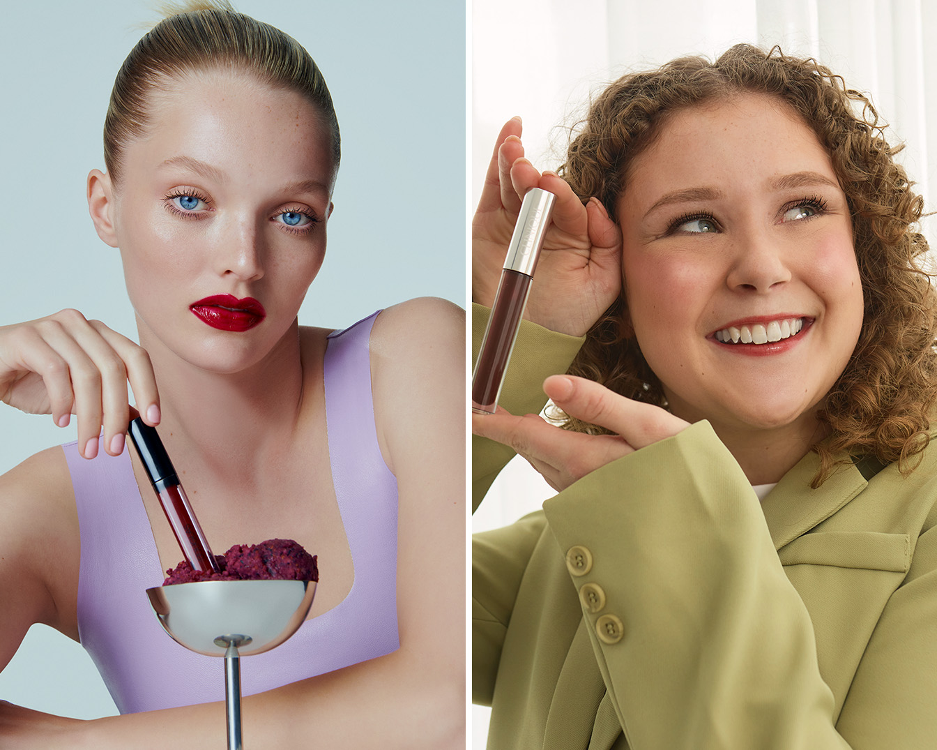 Découvrez le rouge à lèvres liquide, présenté dans un récipient argenté à côté d'une femme au teint clair et aux lèvres rouge foncé, pour un look audacieux et élégant.