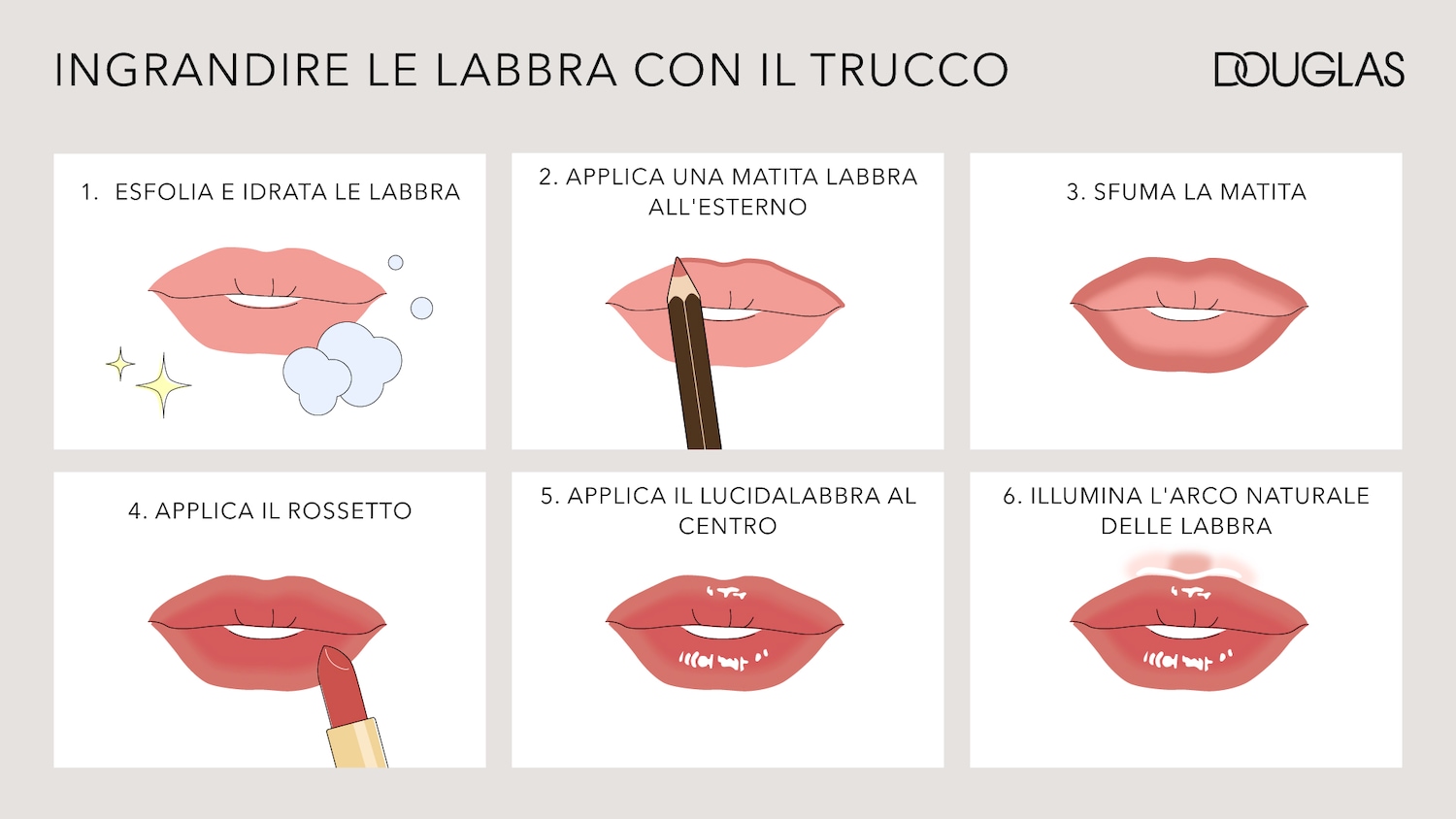 Trucco Douglas: Ingrandisci le labbra iniziando con l'esfoliazione e l'idratazione per una base perfetta.