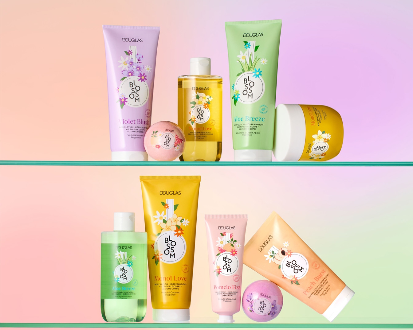 Kolekcja Douglas Blossom oferuje balsamy do ciała, żele pod prysznic i kremy do rąk w różnych kwiatowych zapachach, takich jak Violet Blush i Aloe Breeze.