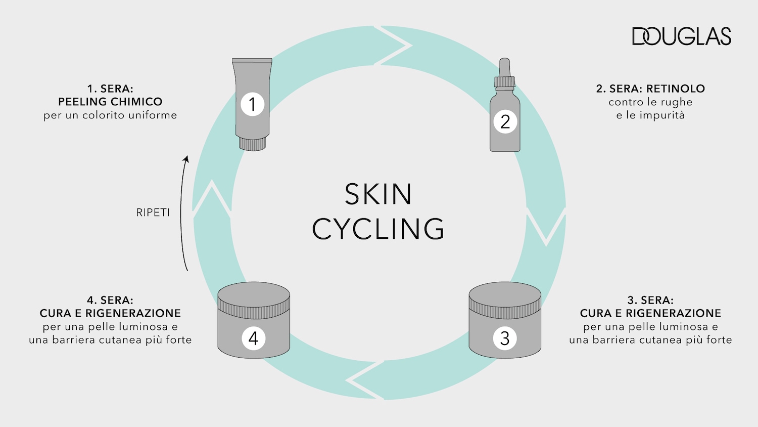 Diagramma del ciclo della pelle di Douglas, che mostra i passaggi per la cura della pelle, tra cui peeling chimico, retinolo e cura e rigenerazione, per una carnagione uniforme.