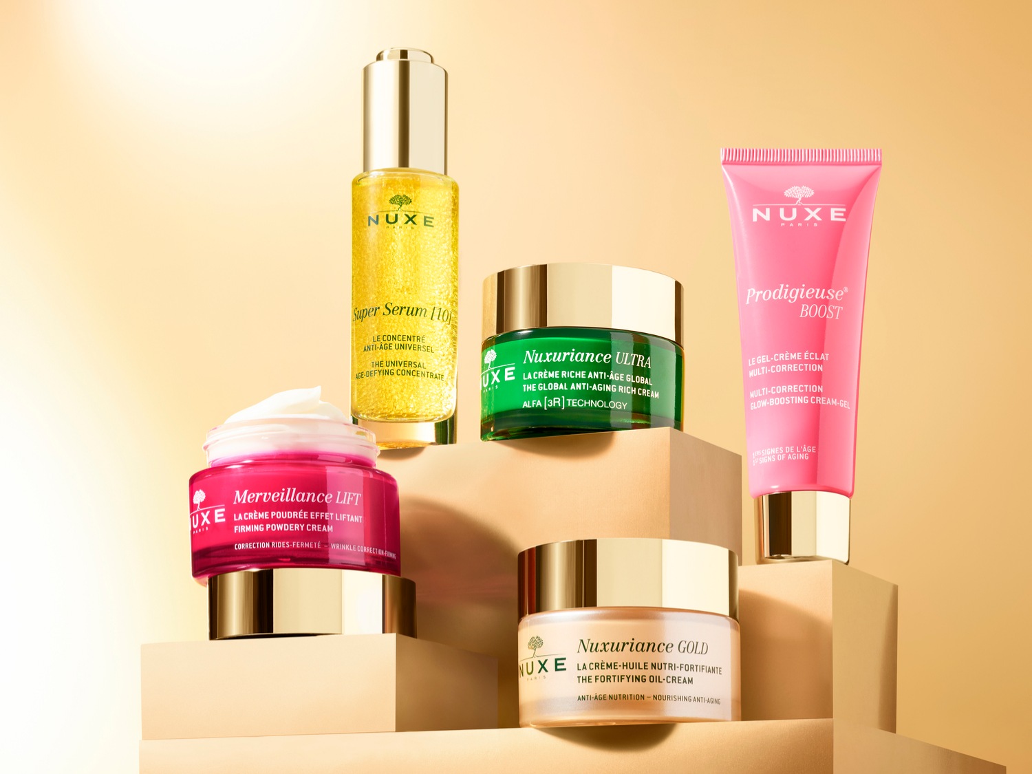 Ontdek de Nuxe collectie: Super Serum, Nuxuriance Ultra, Prodigieuse Boost, Merveillance Lift en Nuxuriance Gold voor een complete anti-aging routine.