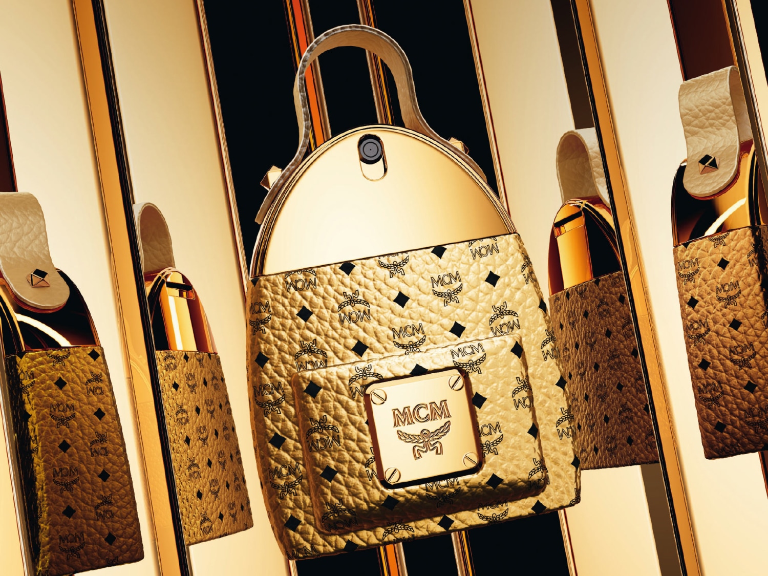 Elegancki złoty plecak MCM z charakterystycznym wzorem logo, idealny dodatek do każdej stylizacji.