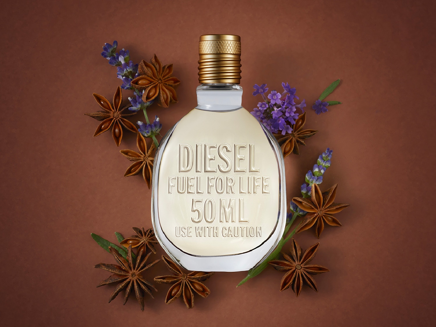 Une bouteille de parfum ovale, transparente avec un liquide beige et un capuchon doré, est centrée sur un fond brun texturé. Le texte sur la bouteille indique 'DIESEL FUEL FOR LIFE 50ML USE WITH CAUTION'. La bouteille est entourée d'étoiles de badiane et de quelques brins de fleurs de lavande violettes.