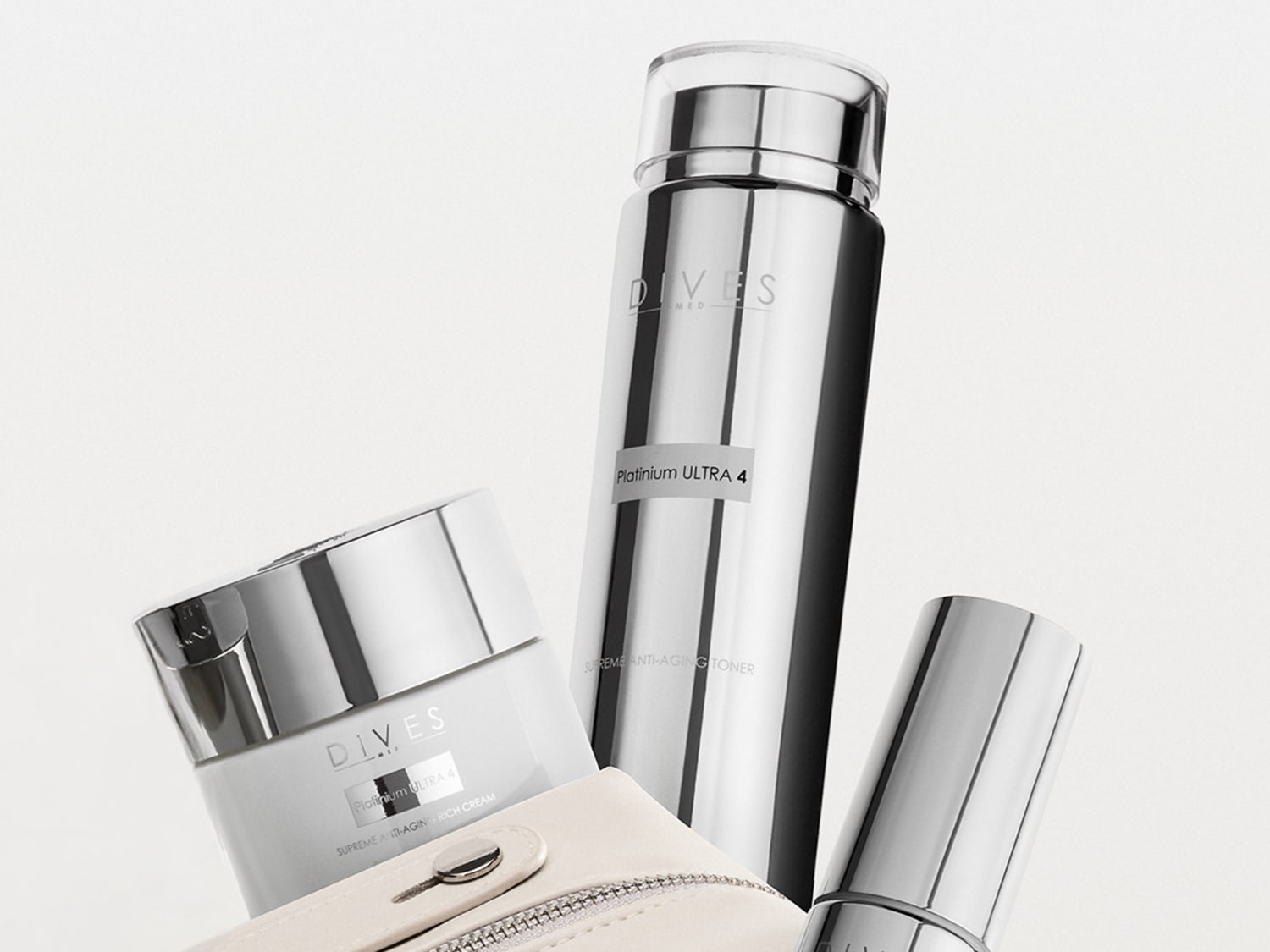 Elegancki zestaw kosmetyków Dives Med z serii Platinium Ultra 4, zawierający krem anti-aging i toner, zapakowane w srebrne opakowania.