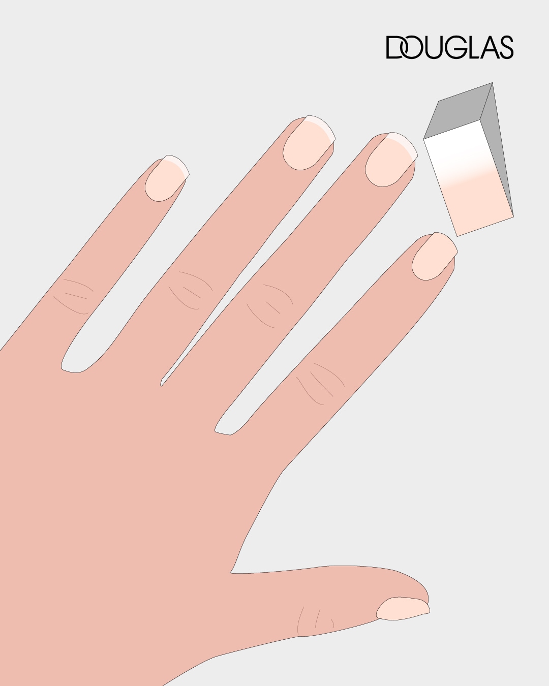 Eine Hand und ein Schwämmchen, auf das weißer und nudefarbener Nagellack aufgetragen wurde, um ihn auf die Nägel aufzubringen.