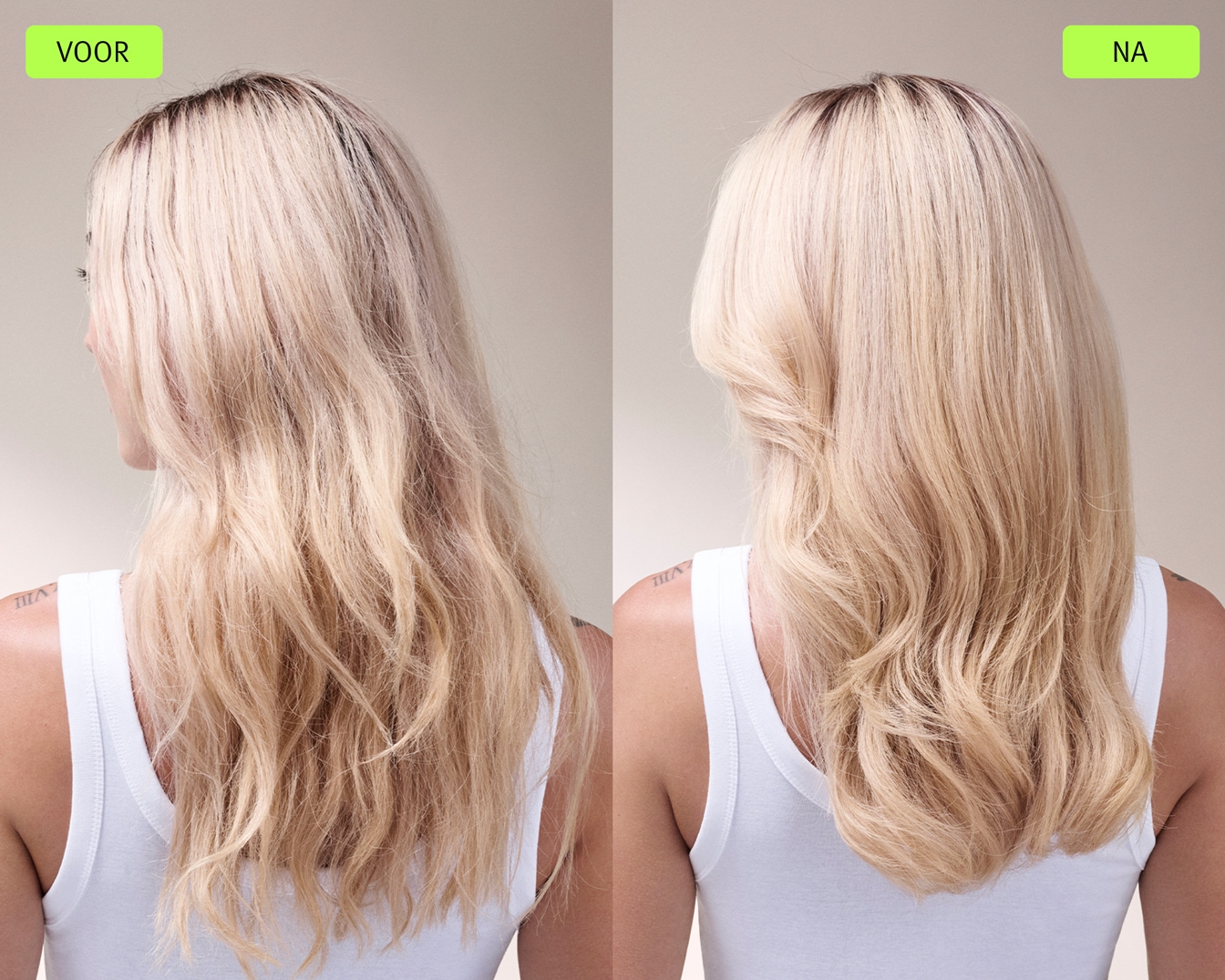 Blonde haren transformeren van dof en pluizig naar glanzend en veerkrachtig, een ware metamorfose.
