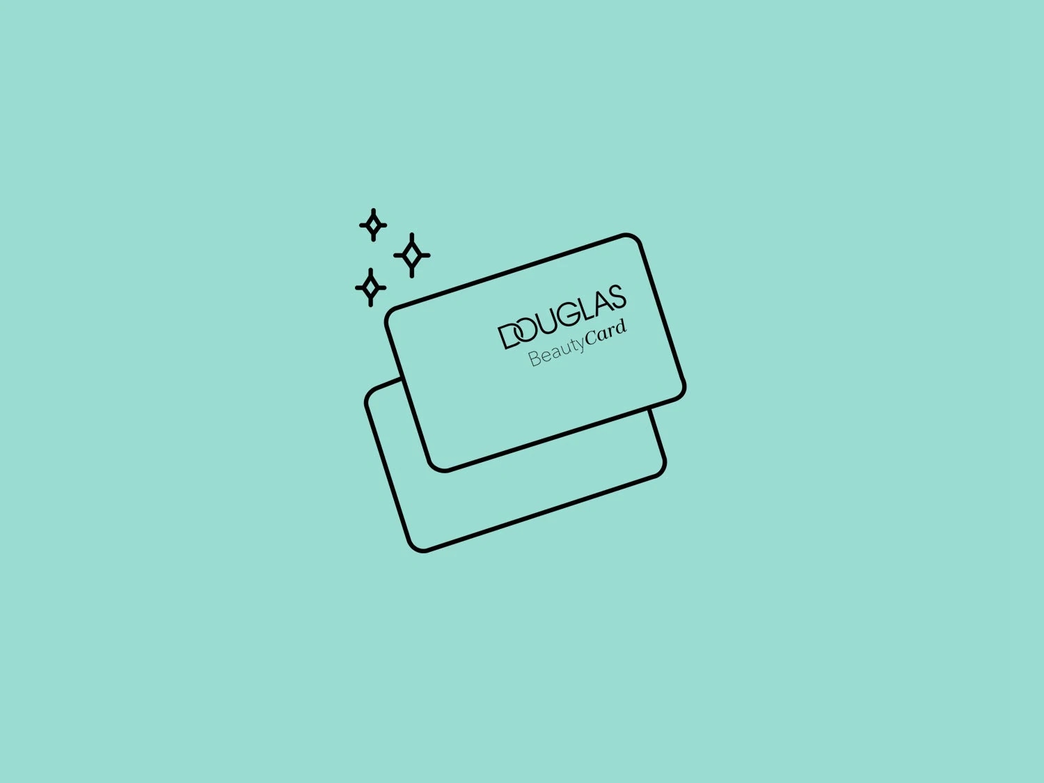 Grafika przedstawia kartę Douglas BeautyCard na turkusowym tle, symbolizującą korzyści i nagrody dostępne dla klientów.