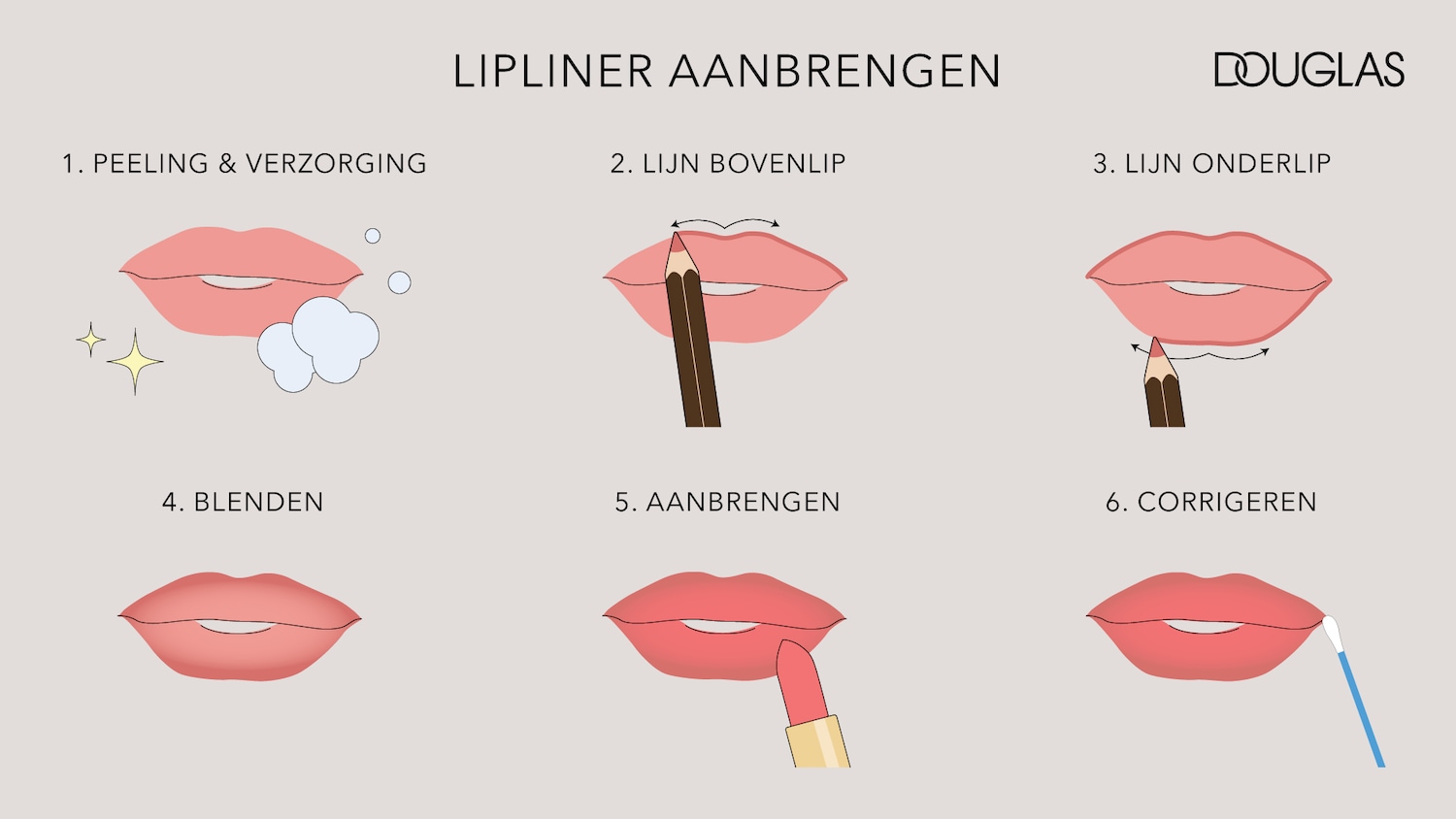 Douglas presenteert de stappen voor het aanbrengen van lipliner, beginnend met peeling en verzorging voor een gladde basis.