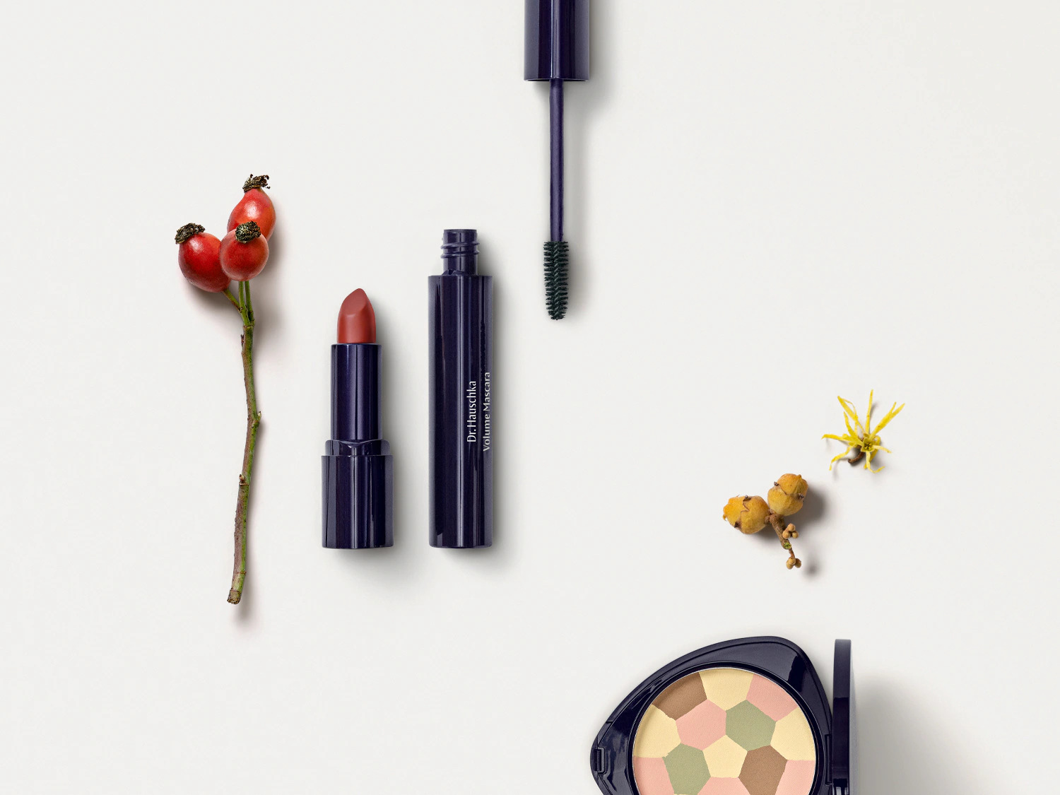 Dargestellt sind Dr. Hauschka Volumen Mascara, Lippenstift und Puder in einer dunkelblauen Verpackung, umgeben von kleinen roten Beeren und gelben Blüten.
