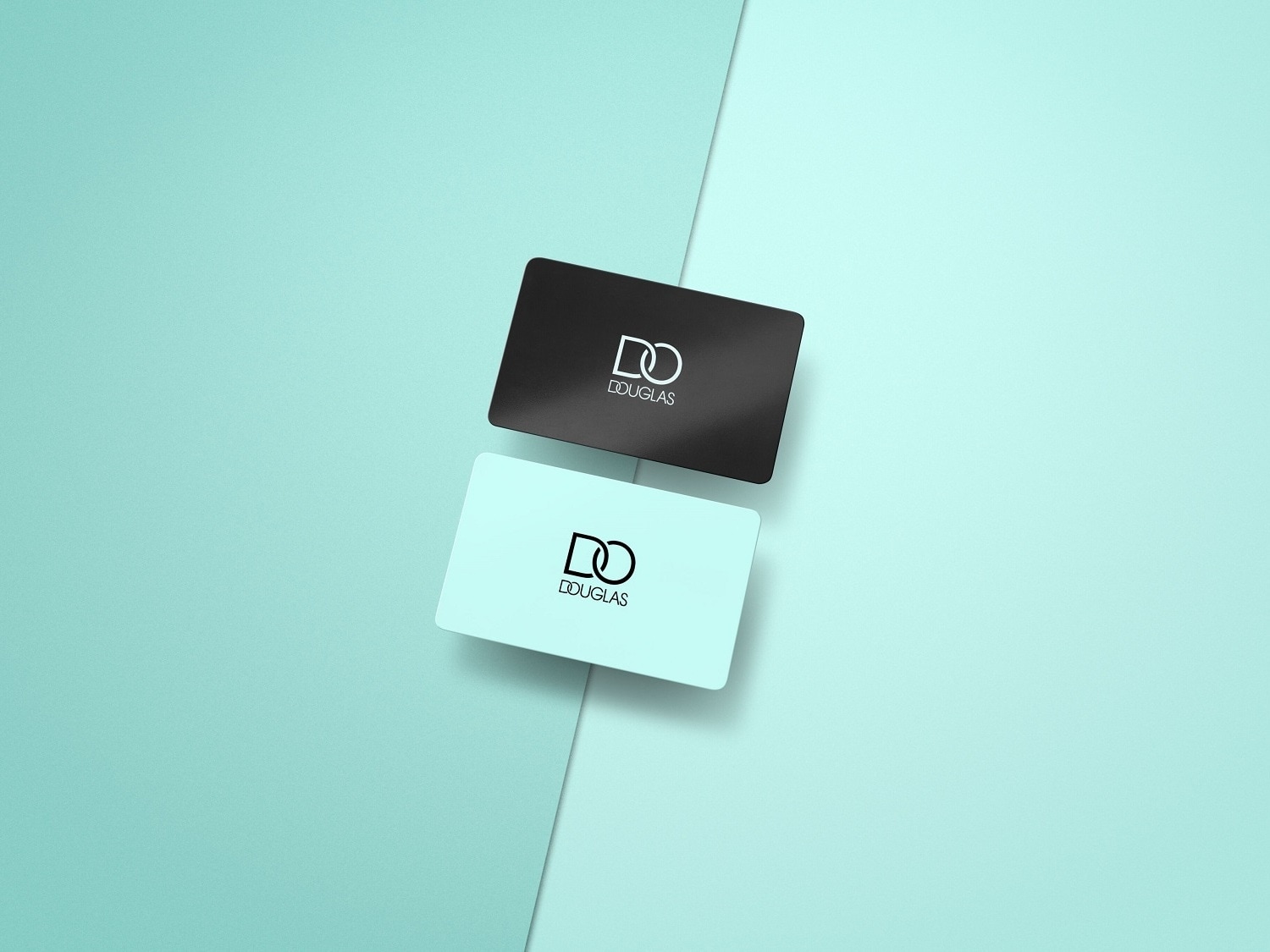 Deux cartes Douglas, une noire et une bleu clair, sont disposées sur un fond divisé en deux tons de bleu, présentant une esthétique minimaliste et élégante.