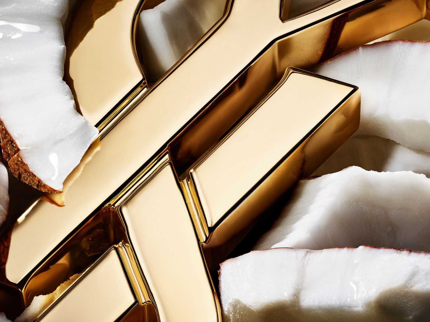 Detailný záber na zlaté logo YSL obklopené kúskami kokosu, vytvárajúci luxusný a exotický dojem.