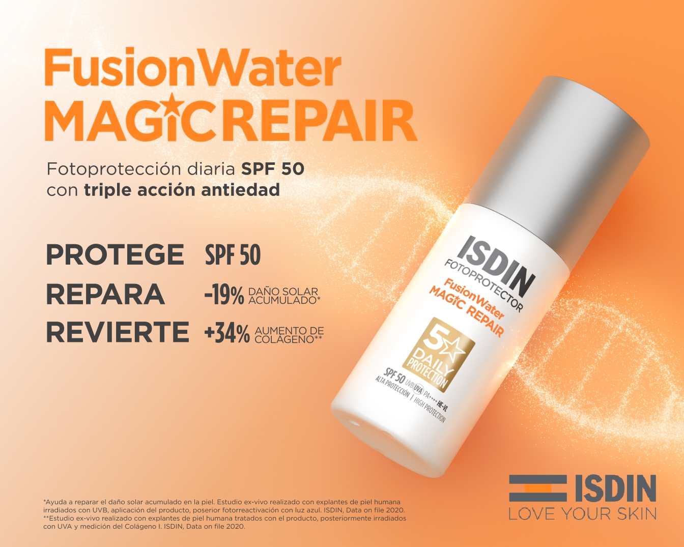 Protector solar ISDIN Fusion Water Magic Repair SPF 50, protege, repara y revierte los signos de la edad, con triple acción antiedad y alta protección.