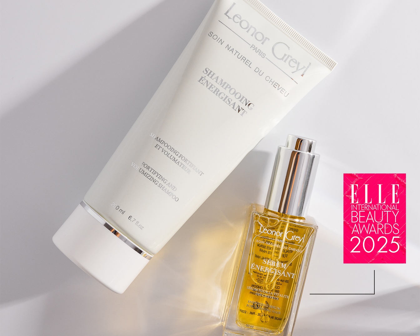 Szampon i serum Leonor Greyl Paris Soin Naturel du Cheveu, nagrodzone Elle International Beauty Awards 2025, wzmacniające i dodające objętości.