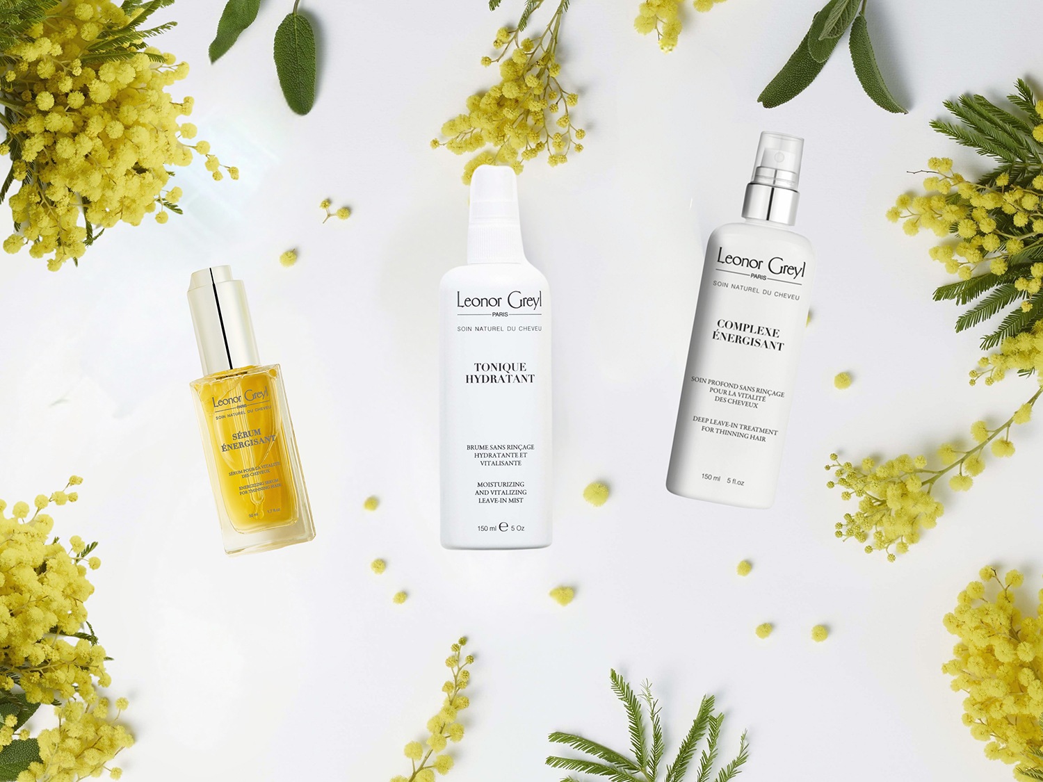 Na białym tle, wśród gałązek mimozy i zielonych listków, znajdują się trzy produkty do pielęgnacji włosów Leonor Greyl: olejek w szklanej butelce z pipetą, tonik w białej butelce z rozpylaczem i odżywka w białej butelce z rozpylaczem.