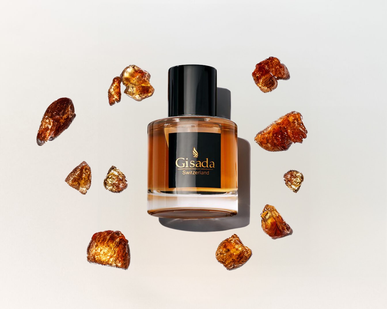 Découvrez Gisada Switzerland, un parfum ambré présenté dans un flacon transparent avec un bouchon noir, entouré de morceaux d'ambre.