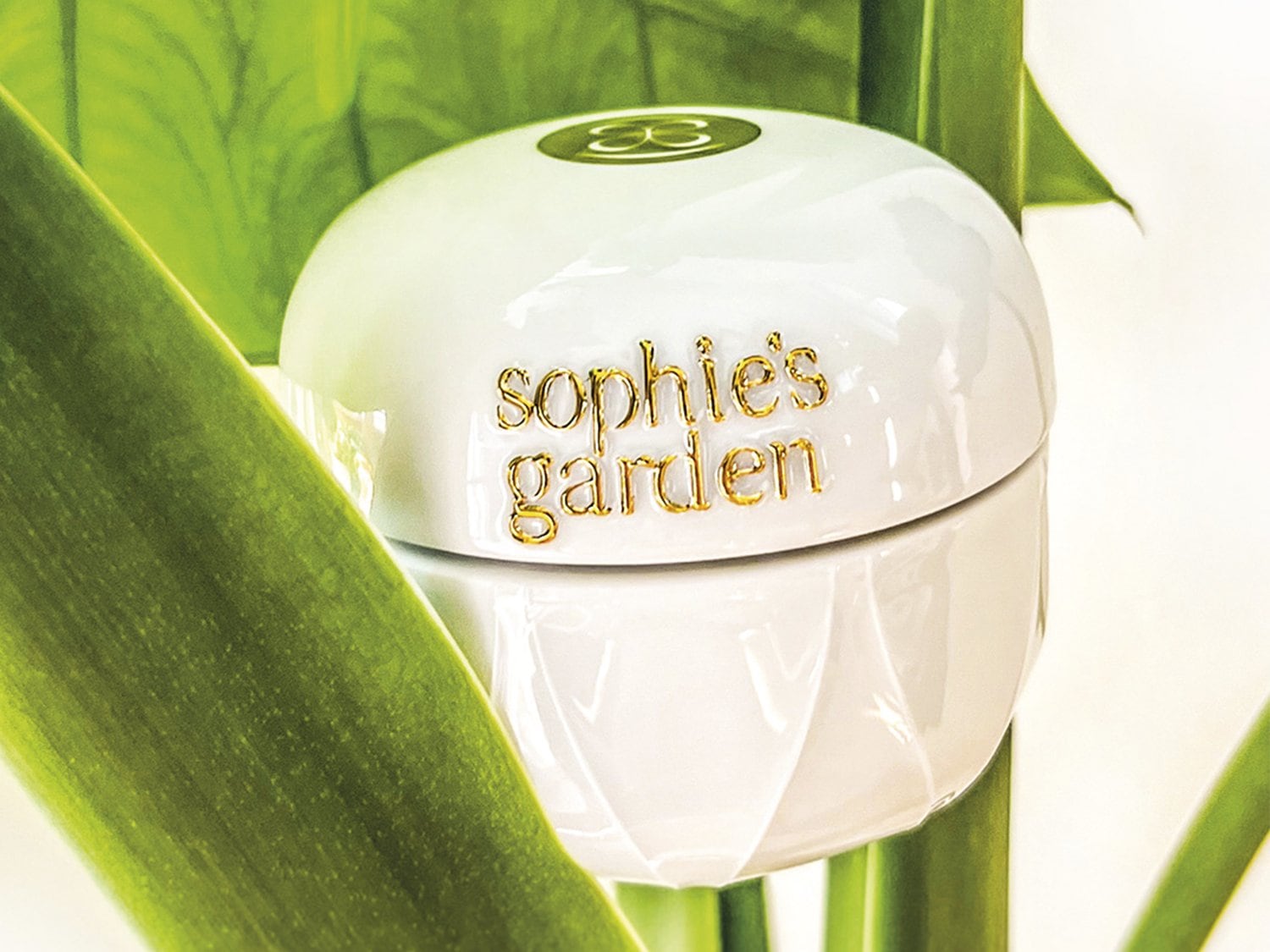 Aquí tienes un tarro blanco de cerámica de Sophie's Garden con letras doradas, rodeado de hojas verdes, que evoca un ambiente fresco y natural.