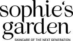 El logo de Sophie's Garden en negro sobre un fondo blanco, con el lema 'SKINCARE OF THE NEXT GENERATION'.