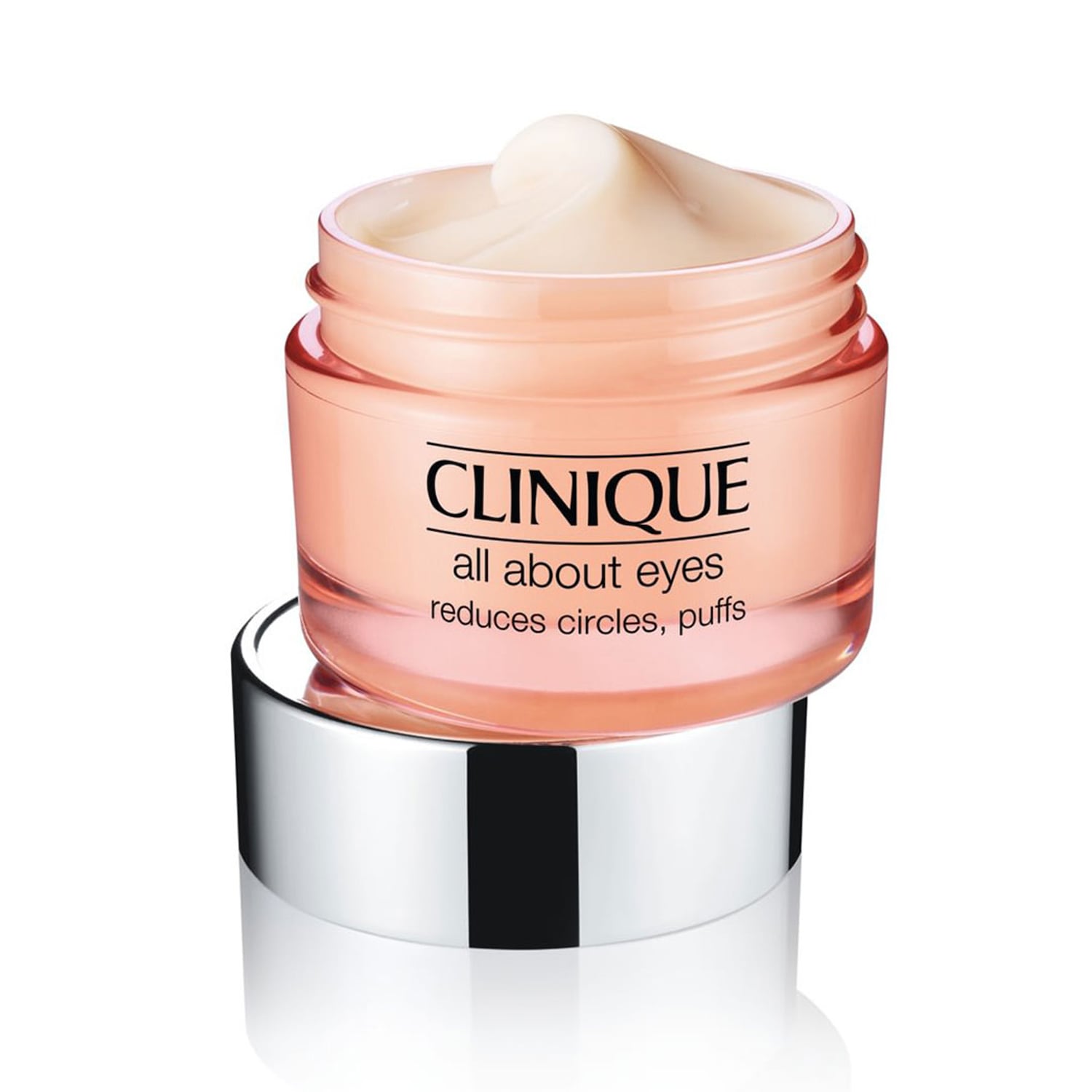 Die Clinique All About Eyes Creme in einem durchsichtigen, hellrosa Tiegel mit silbernem Deckel reduziert Augenringe und Schwellungen.