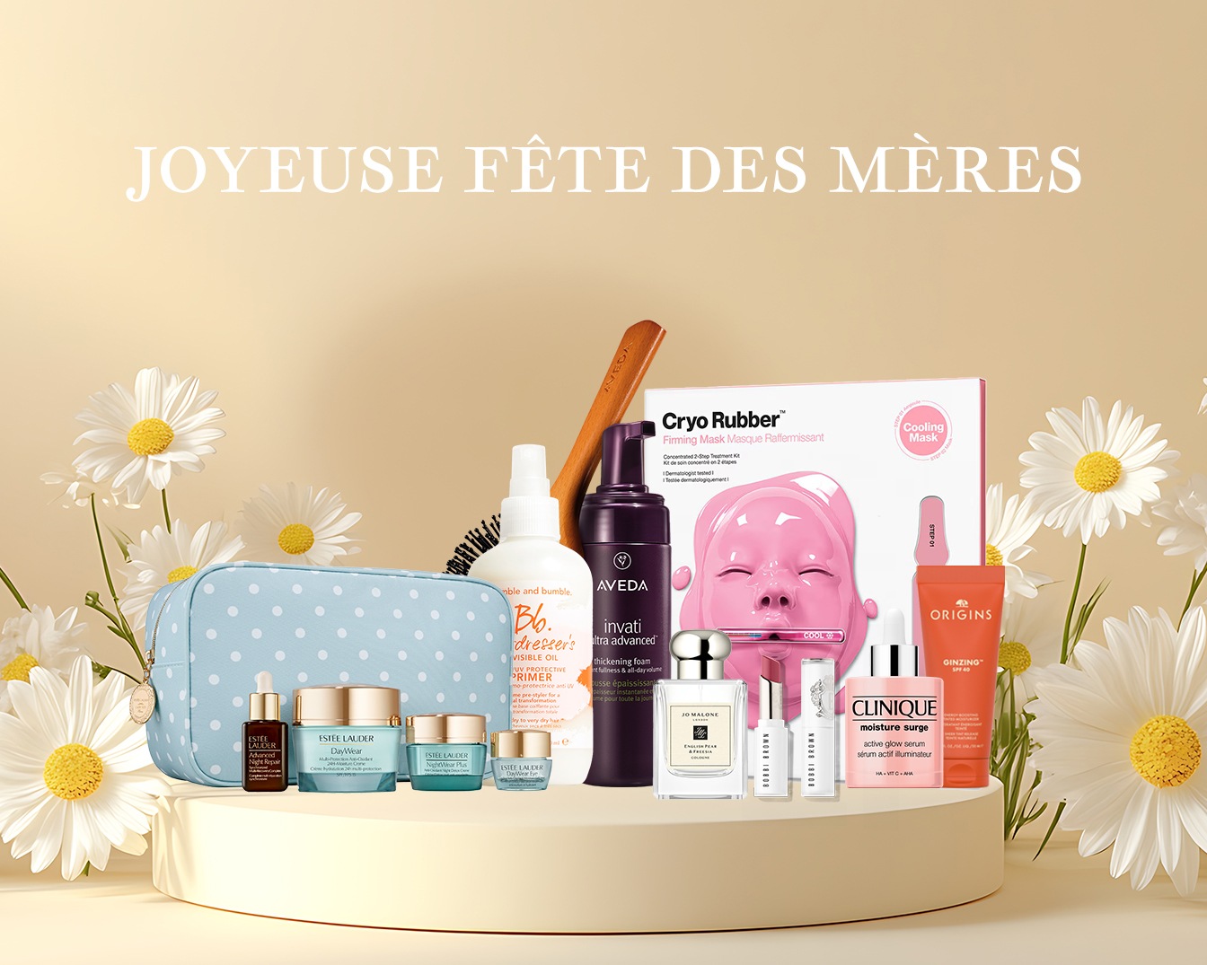 Célébrez la Fête des Mères avec une sélection de produits de beauté : soins pour la peau Estée Lauder, produits capillaires Aveda et Bumble and Bumble, et le masque Cryo Rubber.