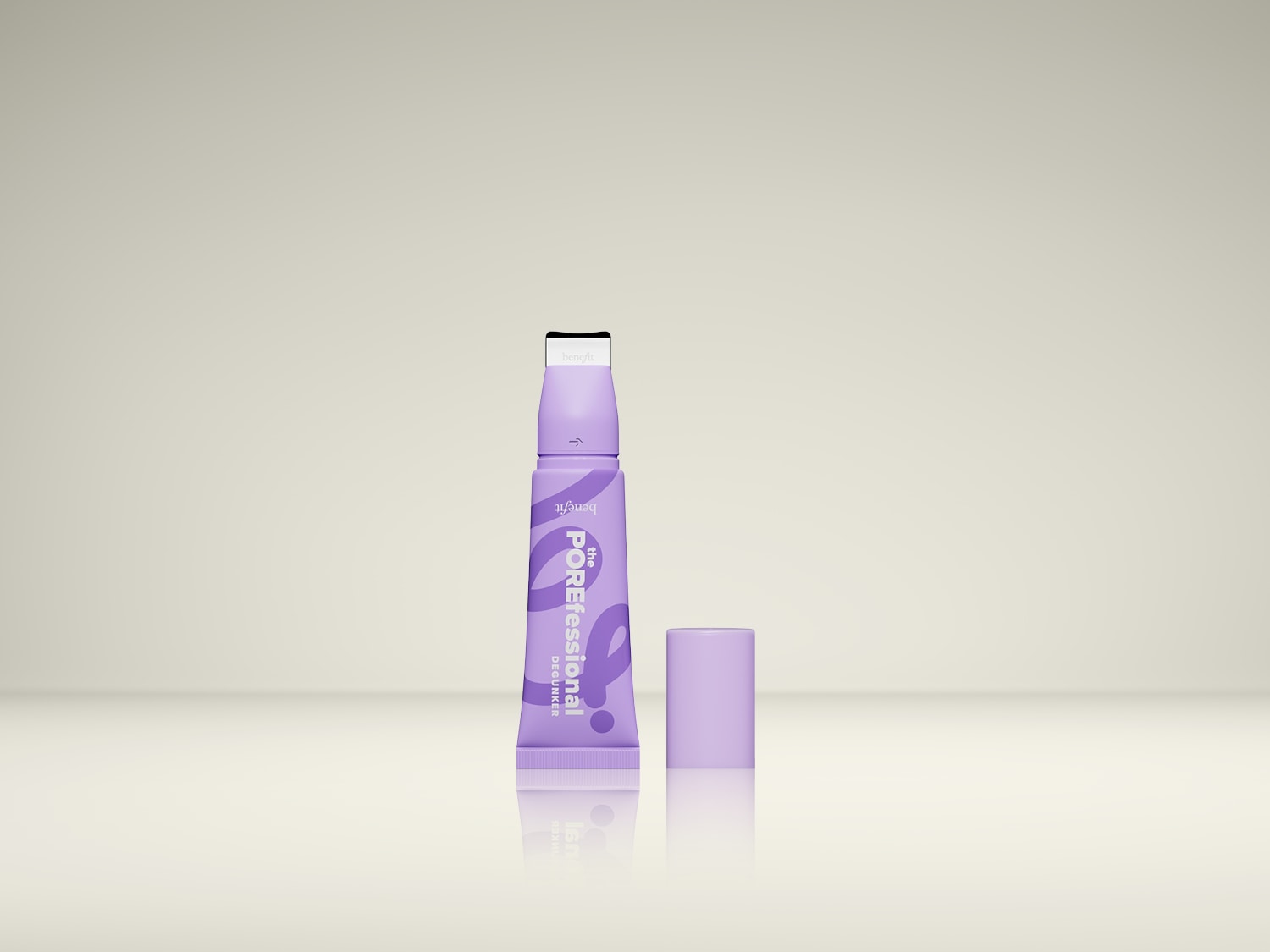 Paarse tube Benefit The POREfessional Degunker, een poriënreinigende kleimaskerstick, met open dop en applicator.