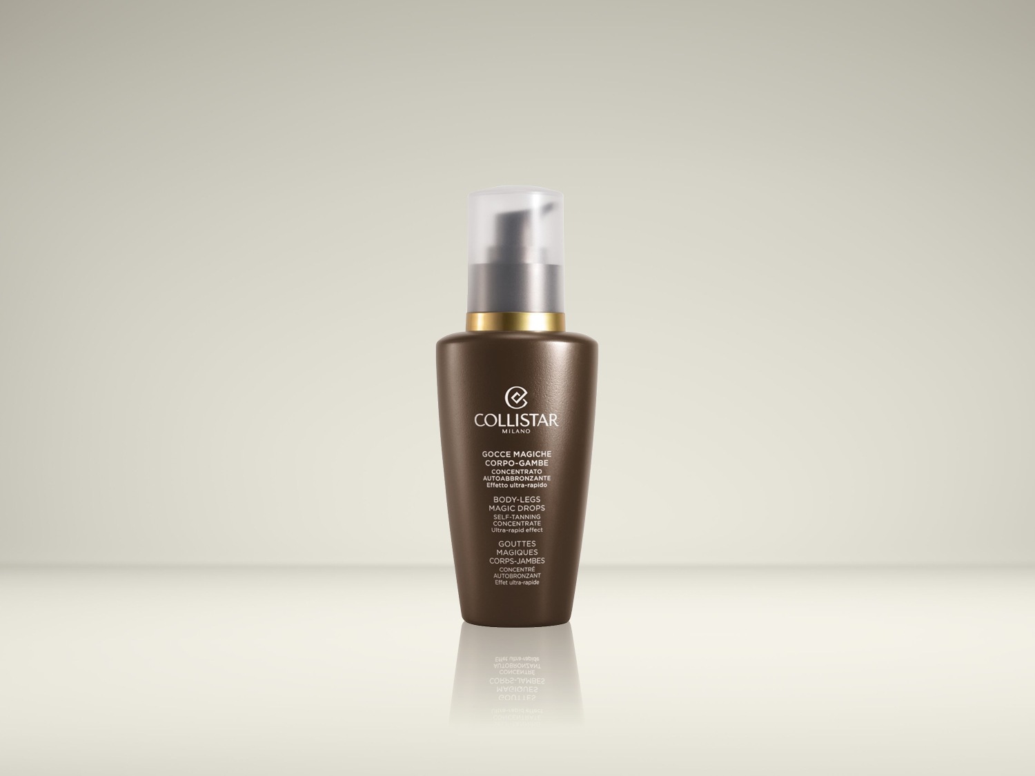 De Collistar Milano Gocce Magiche Corpo-Gambe zelfbruiner in een bruine fles met gouden accenten en een transparante dop, zorgt voor een ultra-snel effect op lichaam en benen.