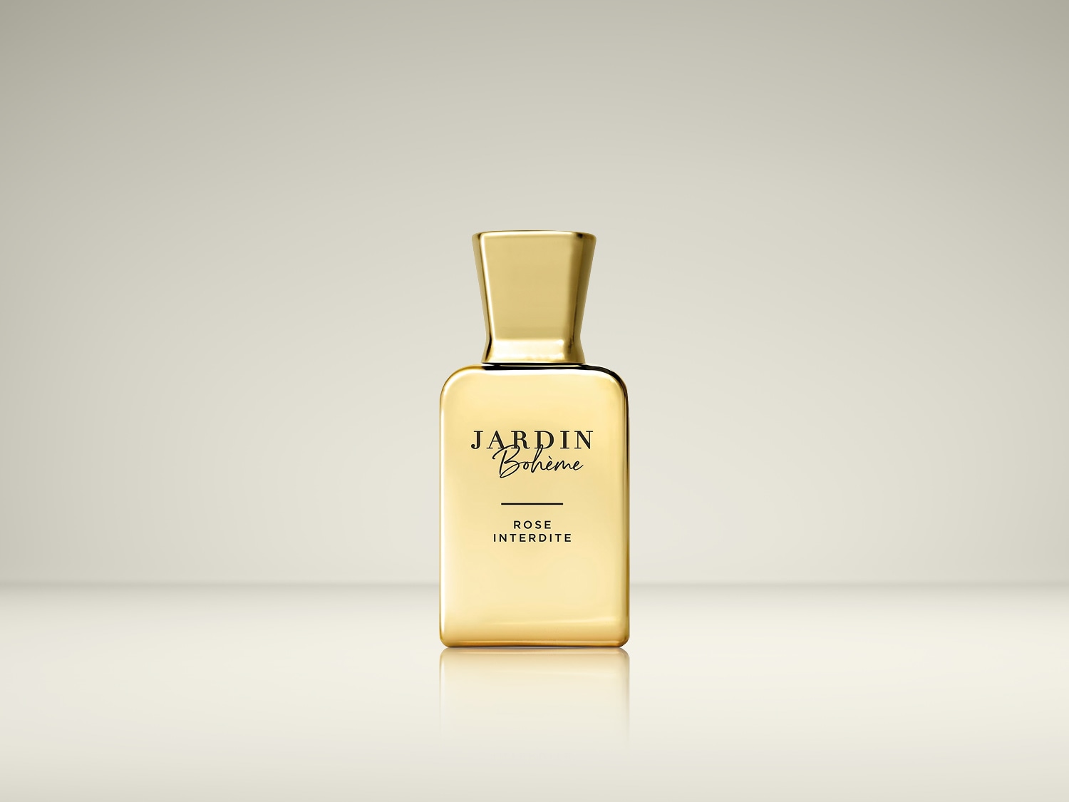 Gouden flacon Jardin Bohème Rose Interdite parfum, elegant en verfijnd.