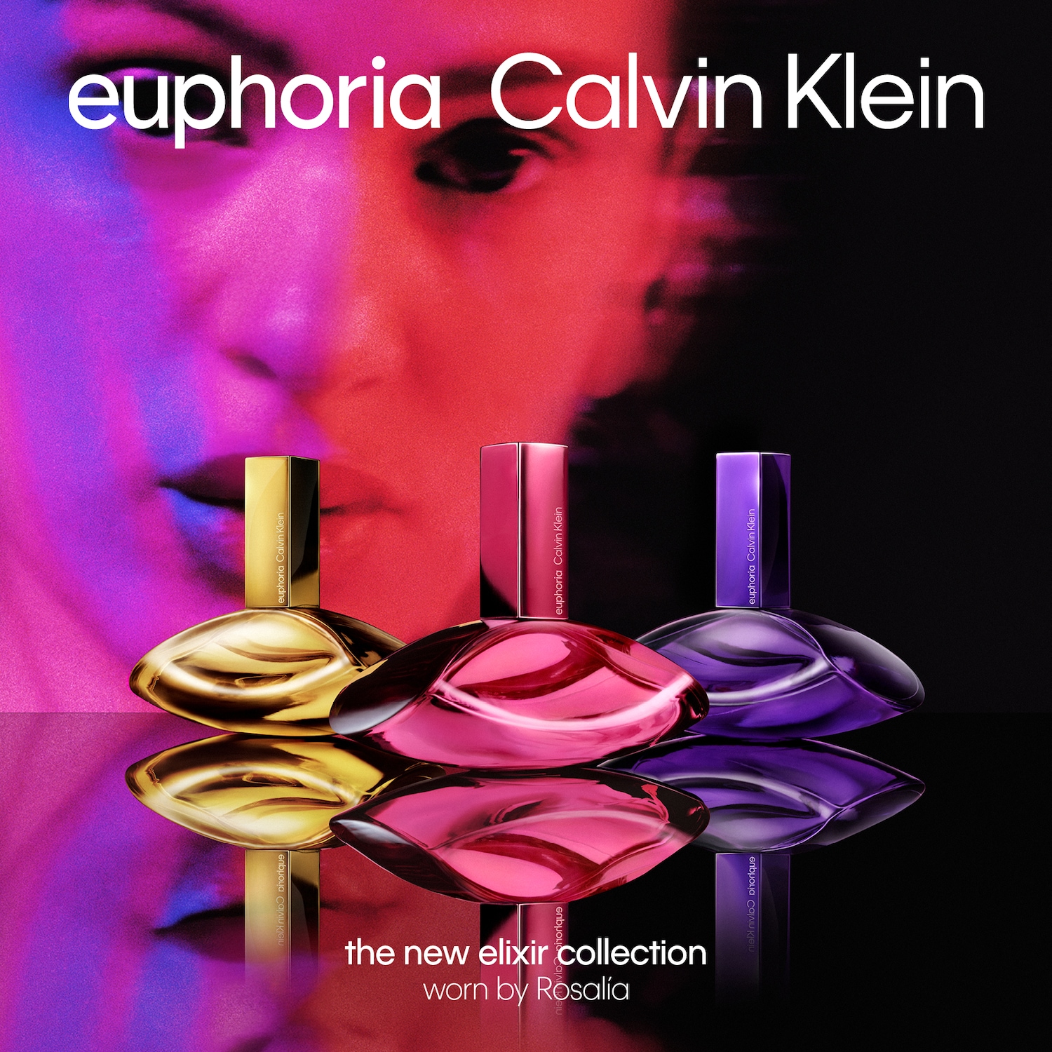 Ontdek de nieuwe Elixir collectie van Calvin Klein Euphoria, gedragen door Rosalía, met flessen in goud, roze en paars.