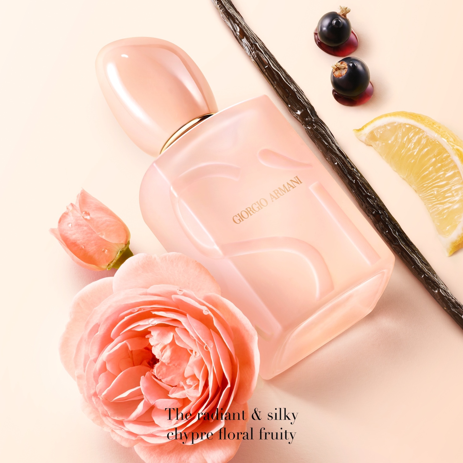 Découvrez le parfum floral fruité chypré radieux et soyeux de Giorgio Armani, présenté dans un élégant flacon rose pêche, agrémenté de notes de rose, de vanille, de citron et de cassis.
