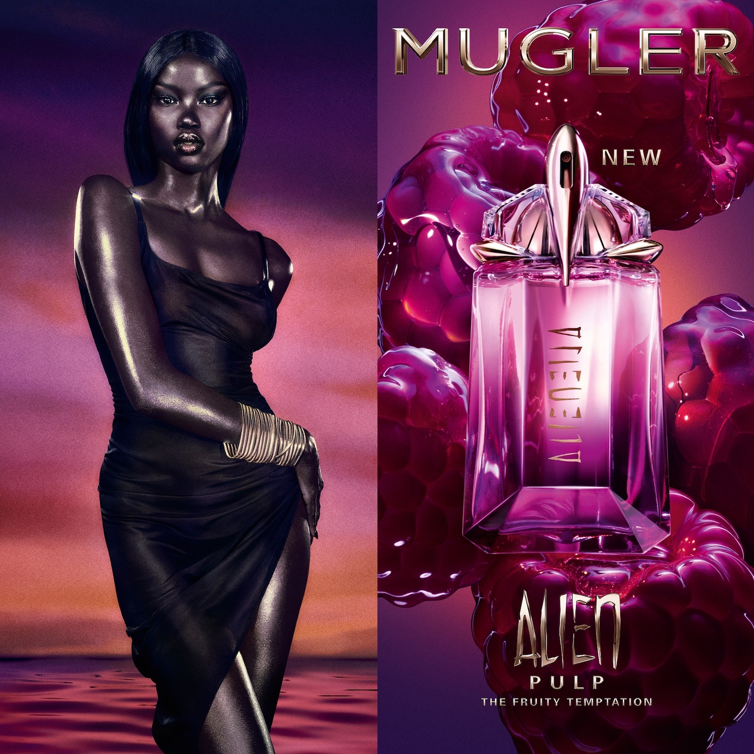 Ontdek de nieuwe Alien Pulp van Mugler, een fruitige verleiding met een flacon omringd door sappige frambozen, gepresenteerd naast een elegante vrouw met gouden armbanden.