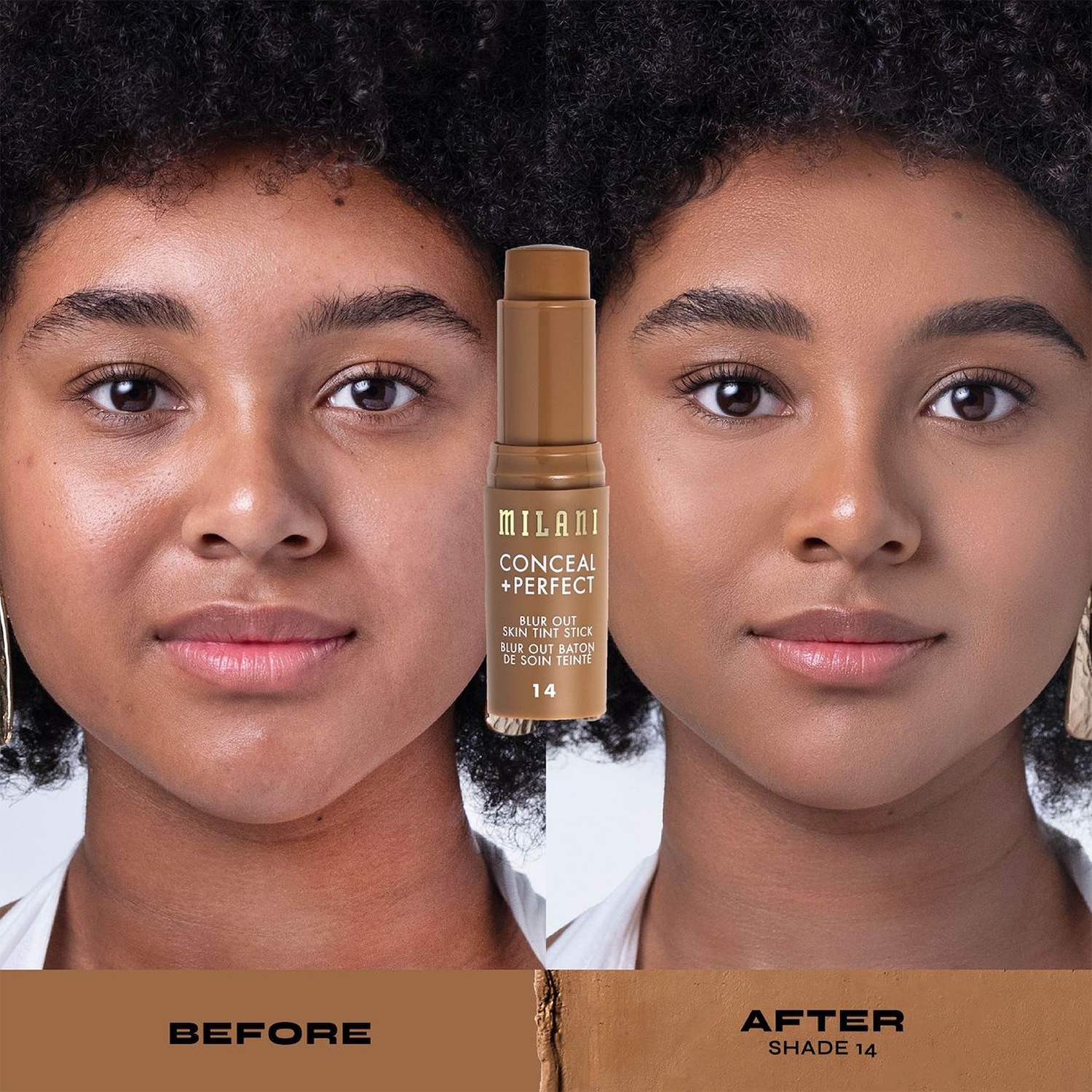 Een close-up van een vrouw voor en na het aanbrengen van Milani Conceal + Perfect Blur Out Skin Tint Stick, tint 14, die een egale teint laat zien.