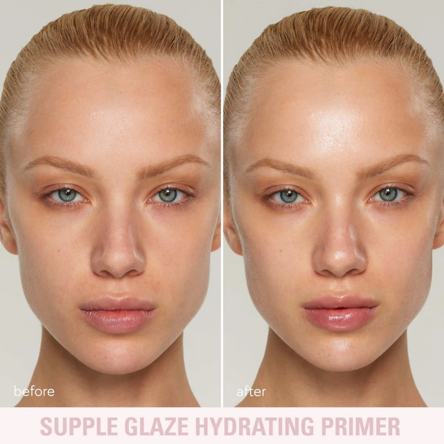 Een voor-en-na-afbeelding toont een vrouw met een natuurlijke huidskleur, waarbij de linkerkant haar huid toont zonder make-up en de rechterkant haar huid met een stralende gloed na het aanbrengen van de Supple Glaze Hydrating Primer.