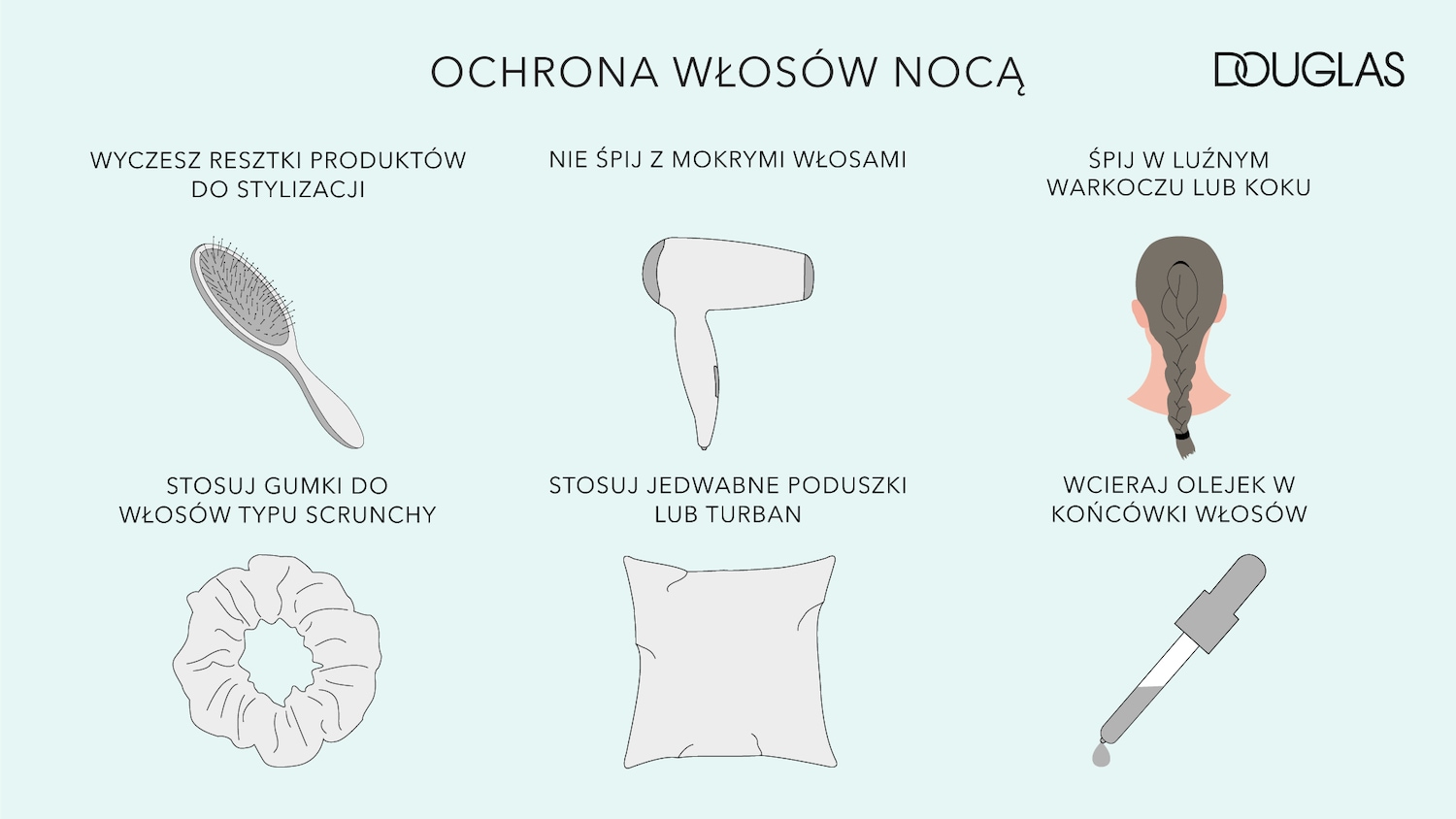 Ilustracja przedstawia porady dotyczące nocnej ochrony włosów, w tym używanie szczotki do włosów, aby usunąć pozostałości produktów do stylizacji.