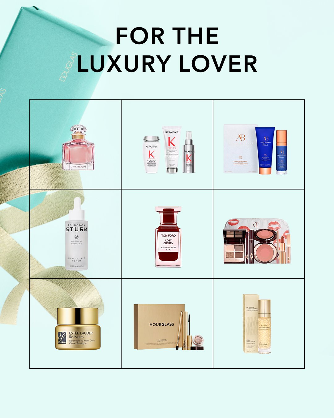 Entdecke Luxus mit einer Auswahl an Schönheitsprodukten, darunter Düfte von Guerlain und Tom Ford, Hautpflege von Dr. Barbara Sturm und Estee Lauder sowie Sets von Kerastase und Hourglass.