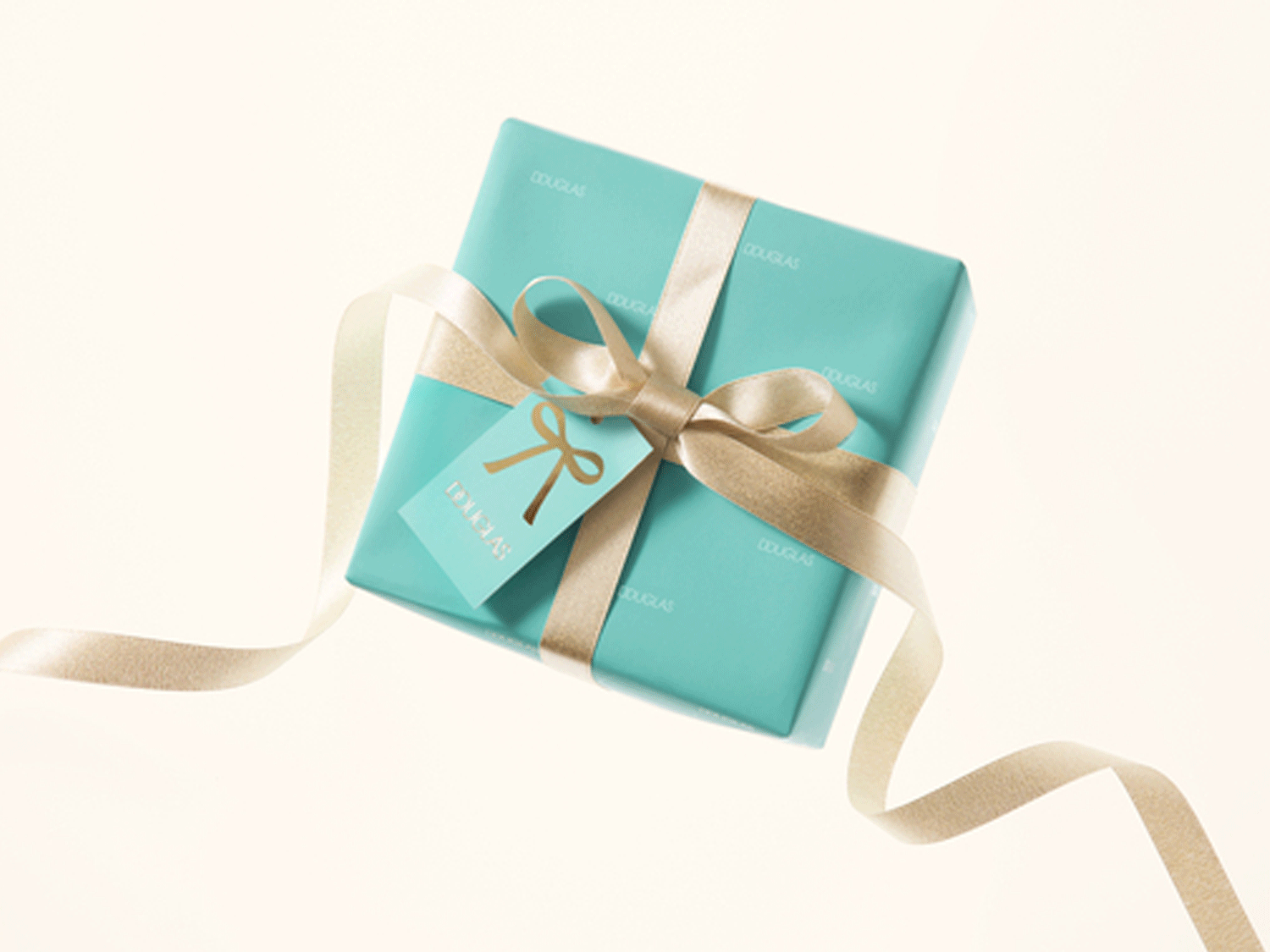 Ein helltürkisfarbenes Geschenk ist mit einer goldenen Schleife und einem passenden Geschenkanhänger verziert.