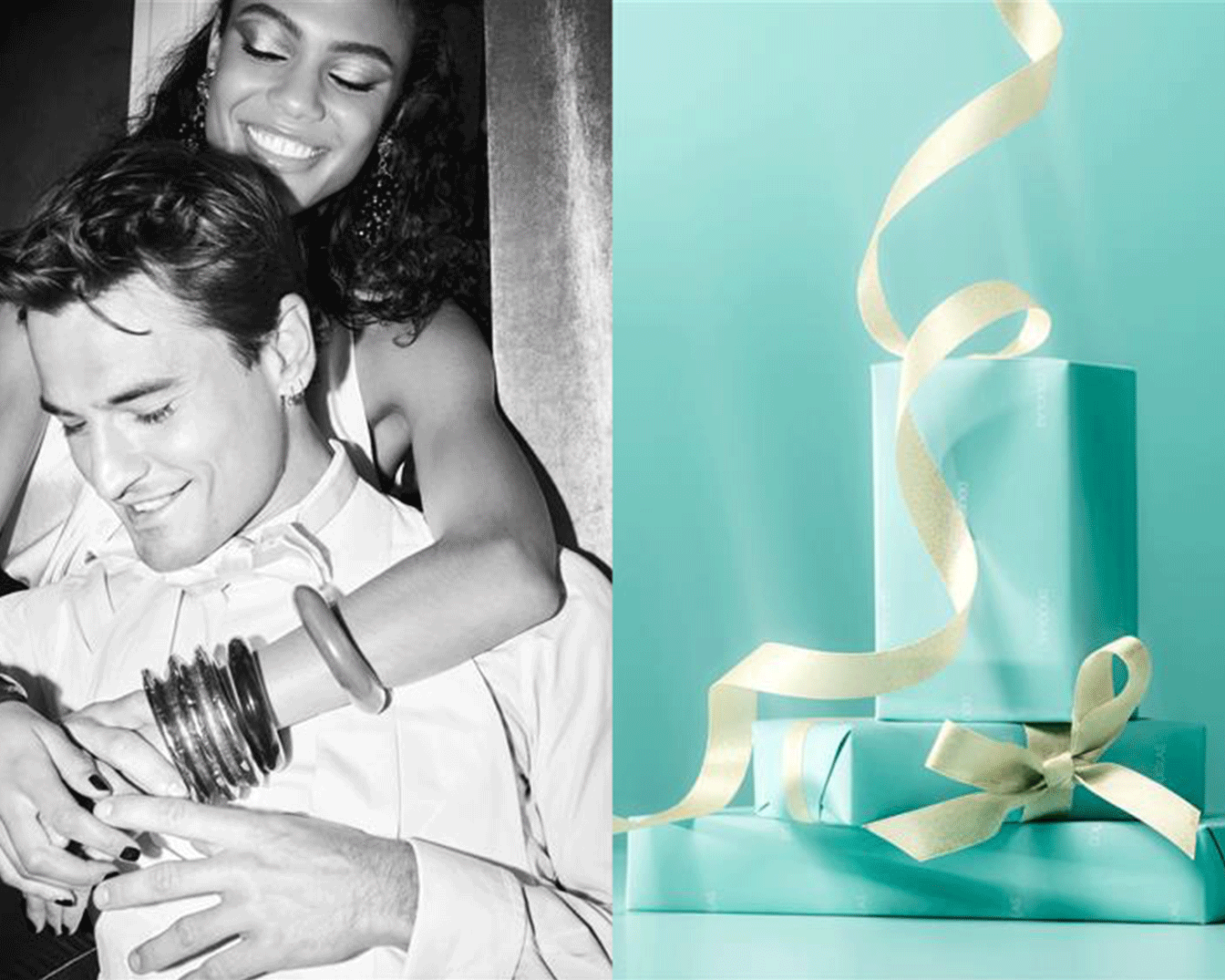 Schwarz-Weiß-Foto eines lächelnden Paares, daneben eine gestapelte Sammlung von Geschenken in Tiffany-Blau mit cremefarbenen Bändern.