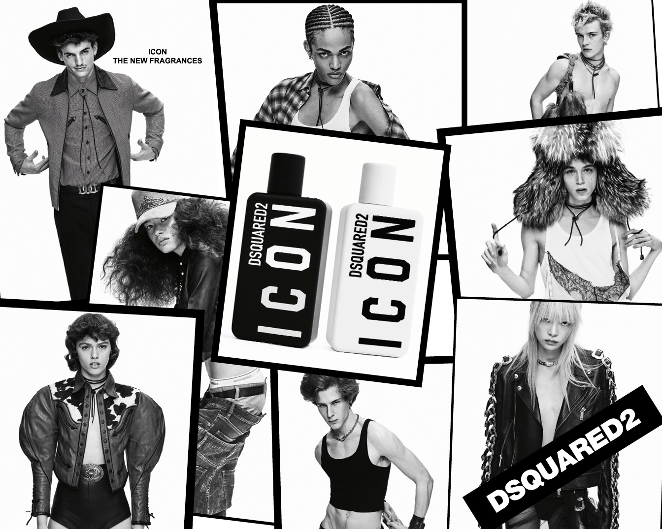Zwart-wit collage met de ICON-parfums van DSQUARED2, omringd door diverse modellen in gedurfde, modieuze outfits.
