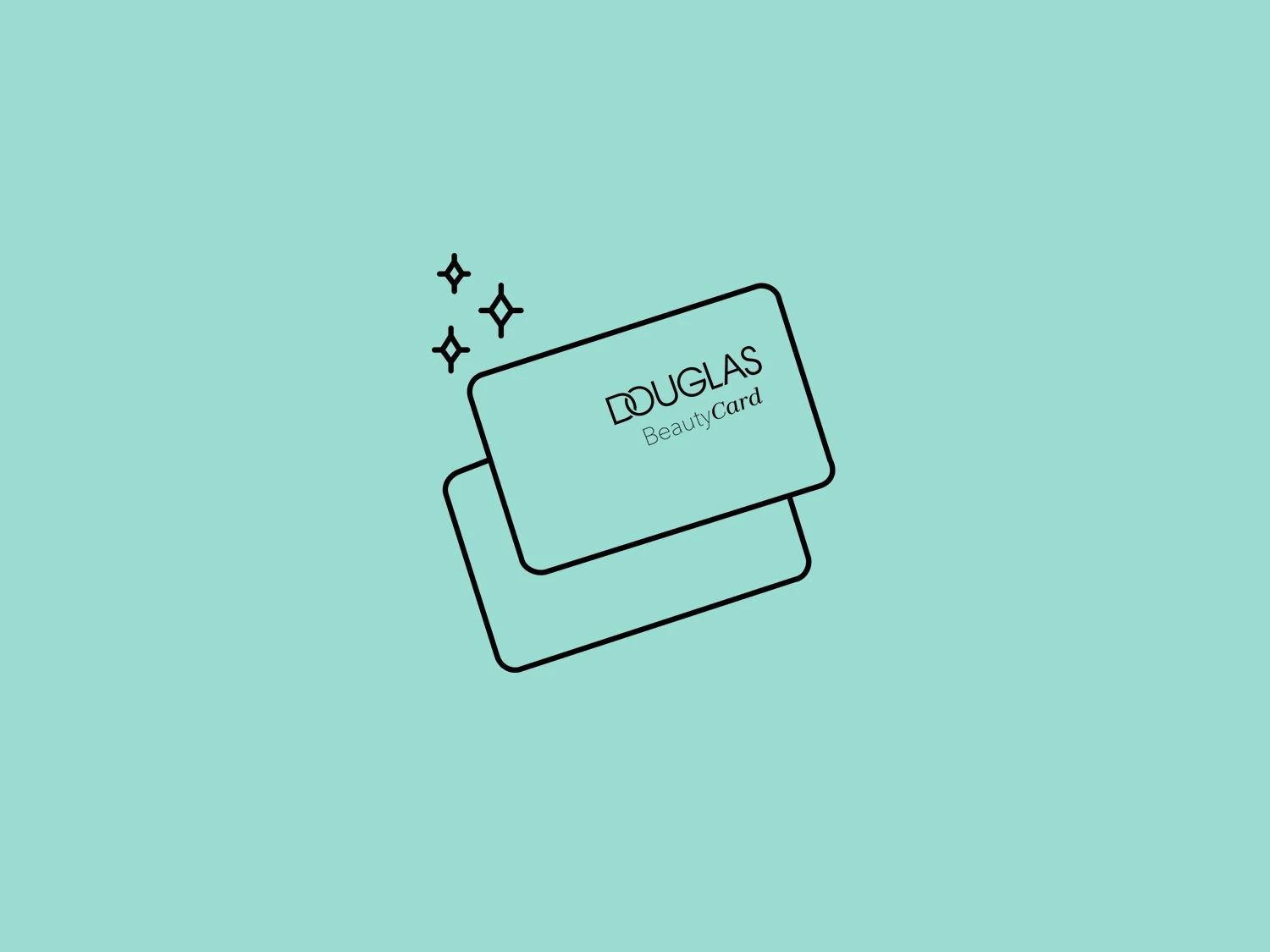 Grafika przedstawia kartę Douglas BeautyCard na turkusowym tle, symbolizującą korzyści i nagrody dostępne dla klientów.