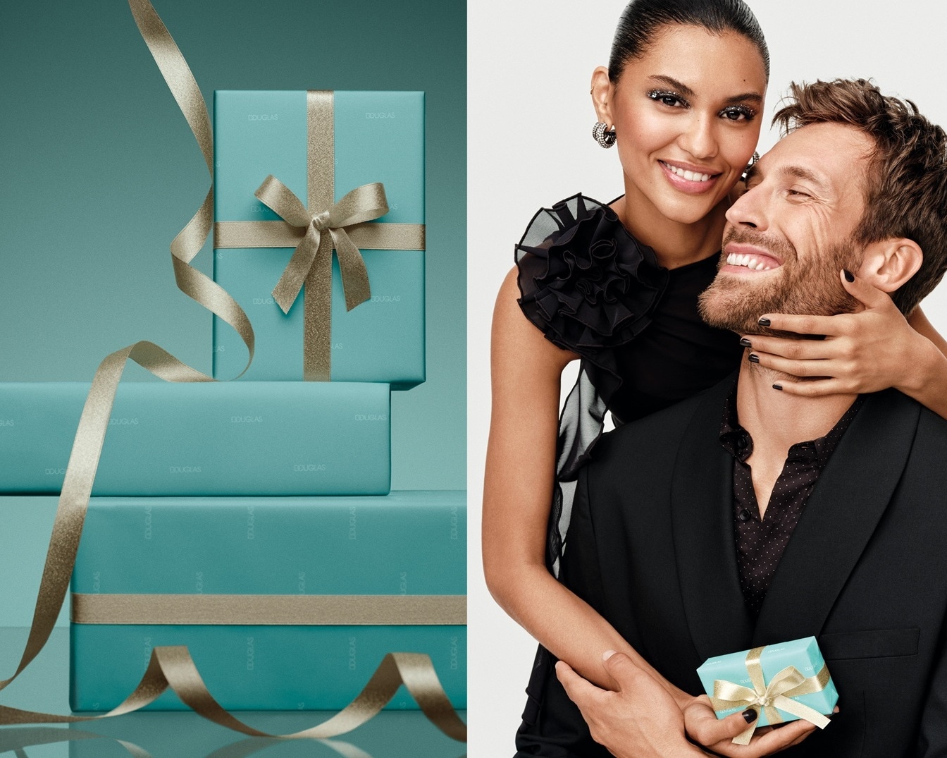 Na obrázku sú tri darčekové krabičky Douglas v tyrkysovej farbe so zlatými stuhami, poukladané na seba.