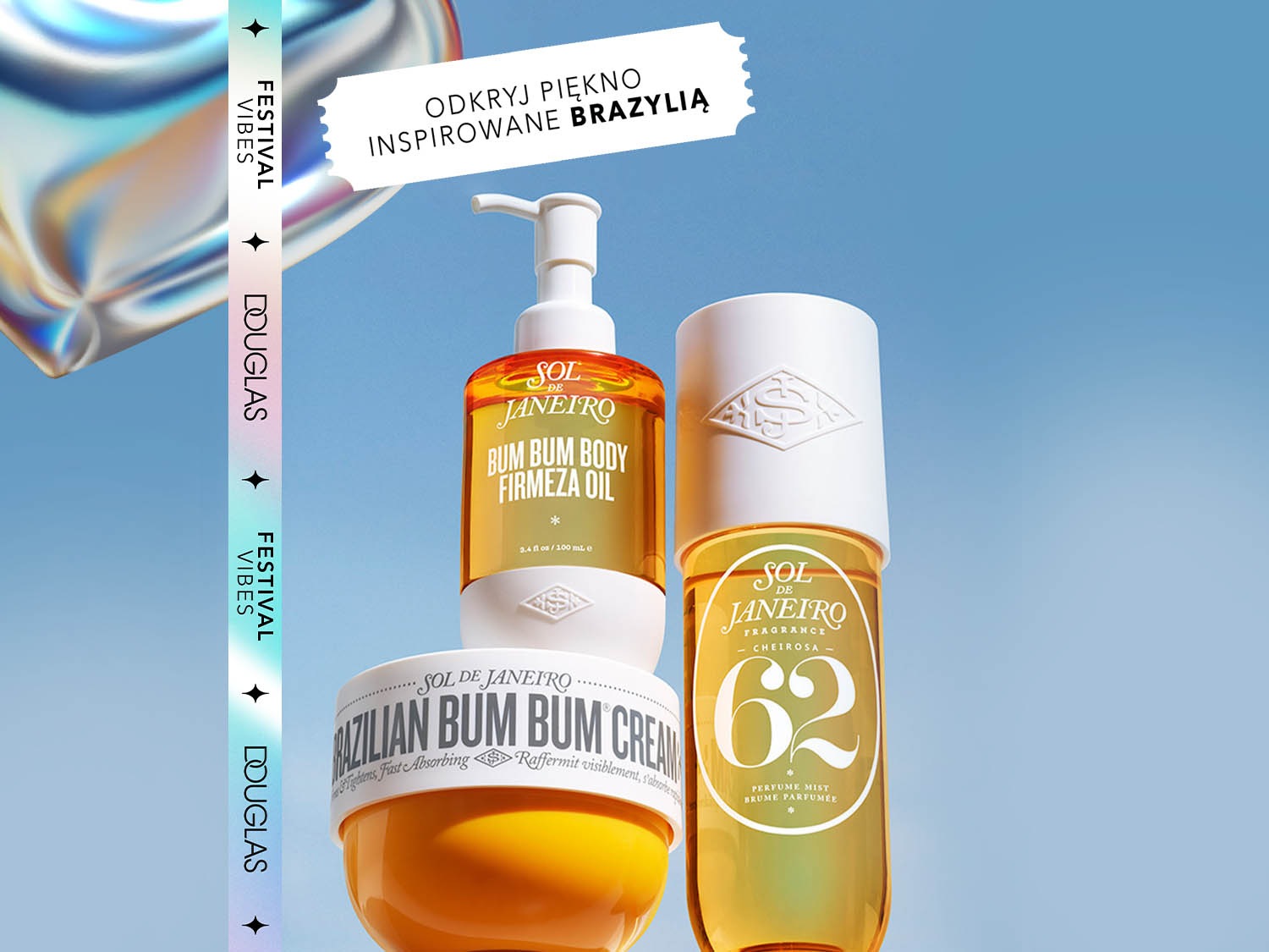 Odkryj piękno inspirowane Brazylią z Sol de Janeiro! Przezroczysta torba prezentuje olejki i kremy do ciała, idealne na festiwalowe wibracje.