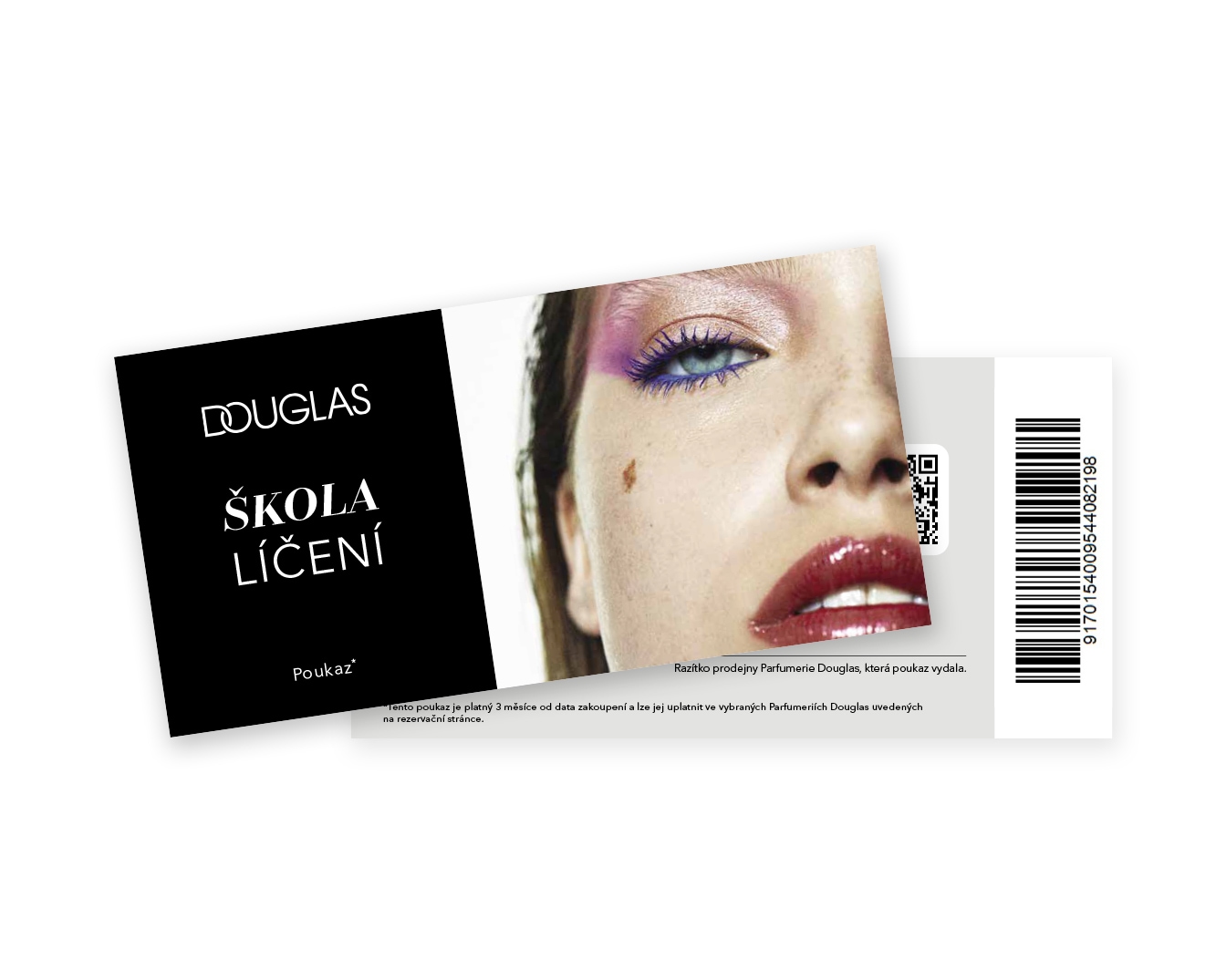 Dárkový poukaz Douglas Škola Líčení s portrétem ženy s fialovými očními stíny a lesklou rtěnkou, platný 3 měsíce od zakoupení.