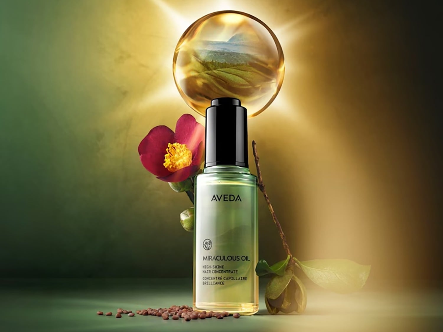 Aveda Miraculous Oil High-Shine Hair Concentrate in een heldere fles met een zwarte dop, geëtaleerd met een rode bloem en een glanzende gouden bol.
