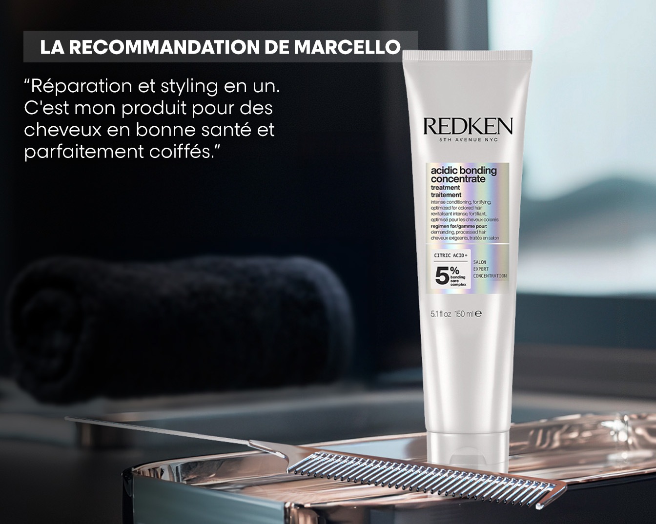 Le traitement concentré Acidic Bonding de Redken, dans un tube blanc, répare et coiffe en un seul geste, pour des cheveux sains et parfaitement coiffés.