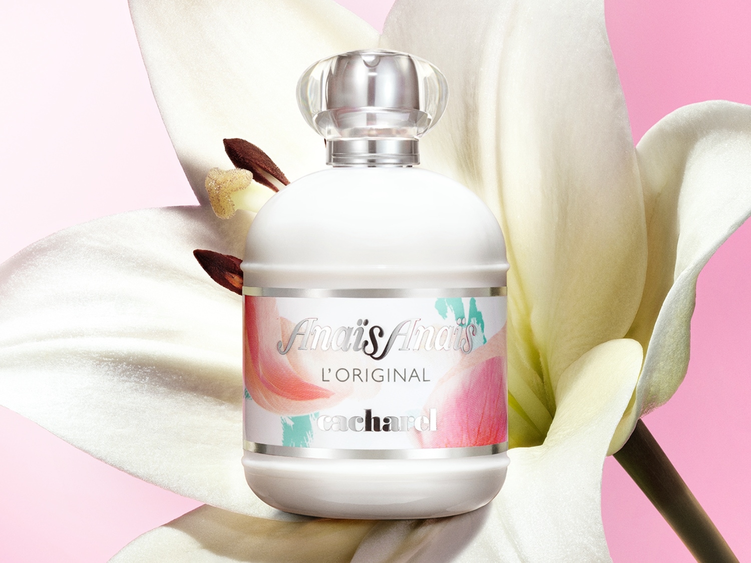 Découvrez Anaïs Anaïs L'Original de Cacharel, un parfum floral dans un flacon blanc orné de motifs floraux roses et bleus, coiffé d'un bouchon transparent.