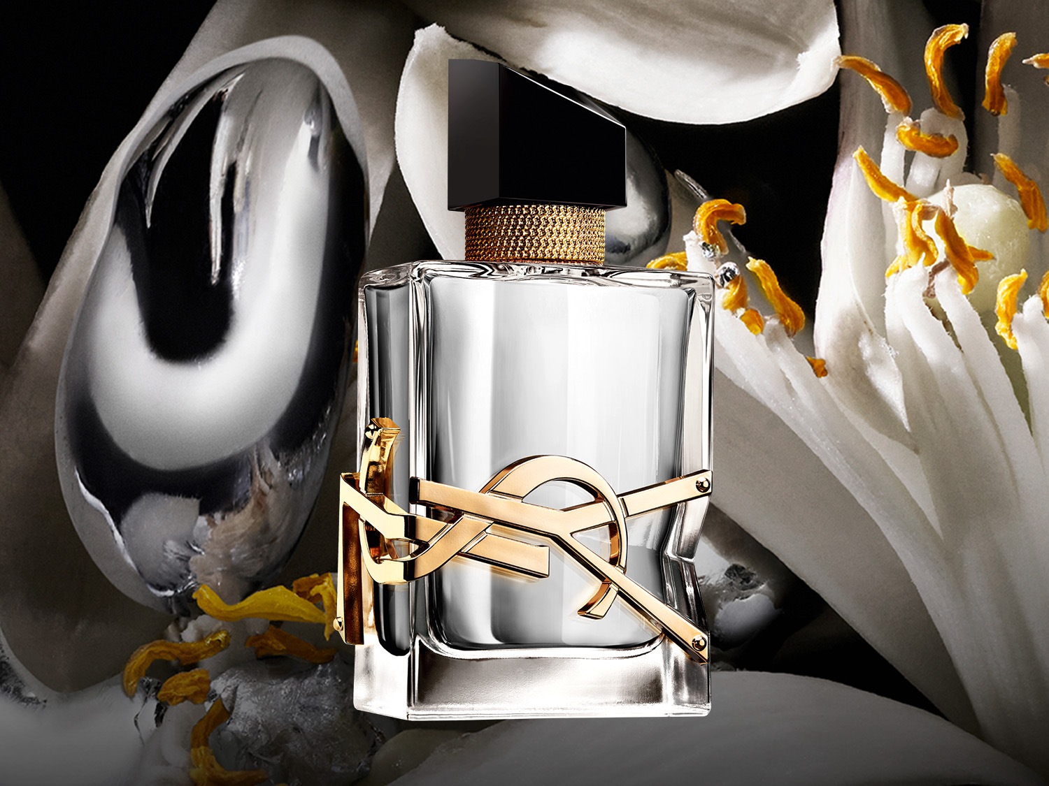 Découvrez le parfum Yves Saint Laurent, présenté dans un flacon en verre transparent orné du logo doré emblématique, sur un fond floral délicat.