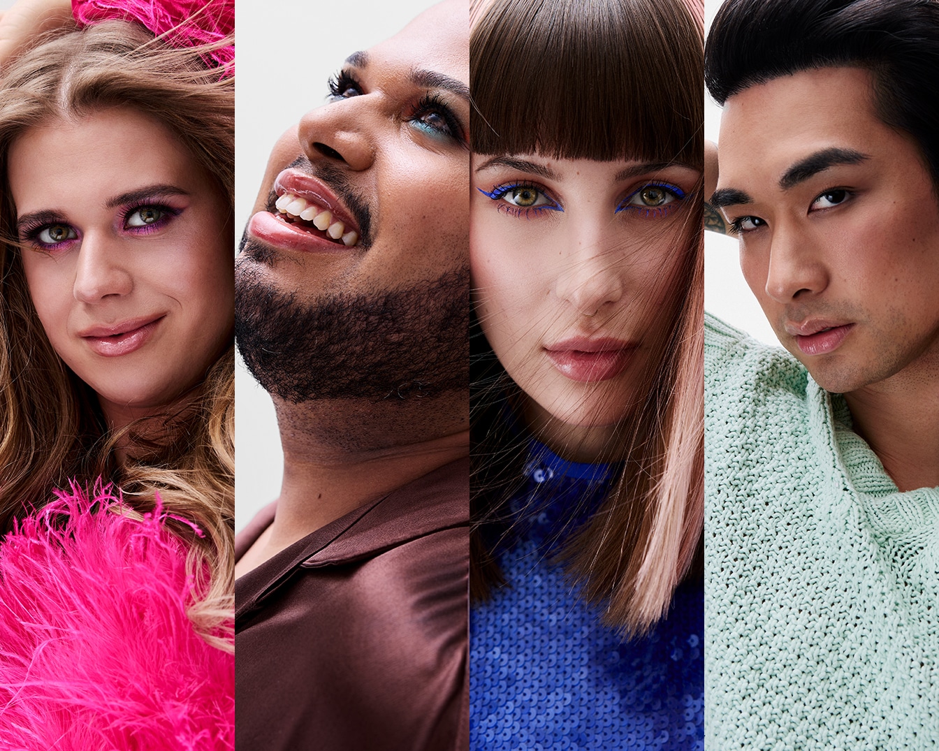Vier mensen met kleurrijke make-up en diverse outfits, die een inclusieve en levendige schoonheidsscene laten zien.