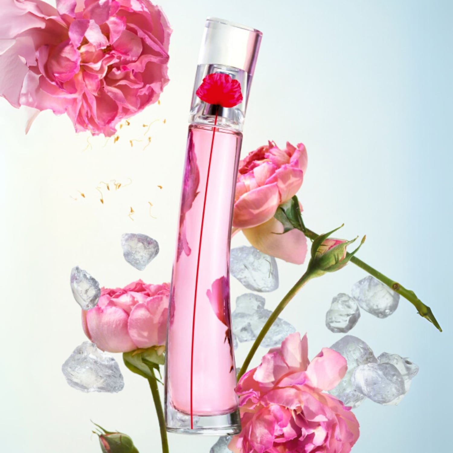 Ein elegantes, transparentes Parfümflakon mit rosa Flüssigkeit, verziert mit roten Blumen, umgeben von rosa Rosenblüten und Eiswürfeln.